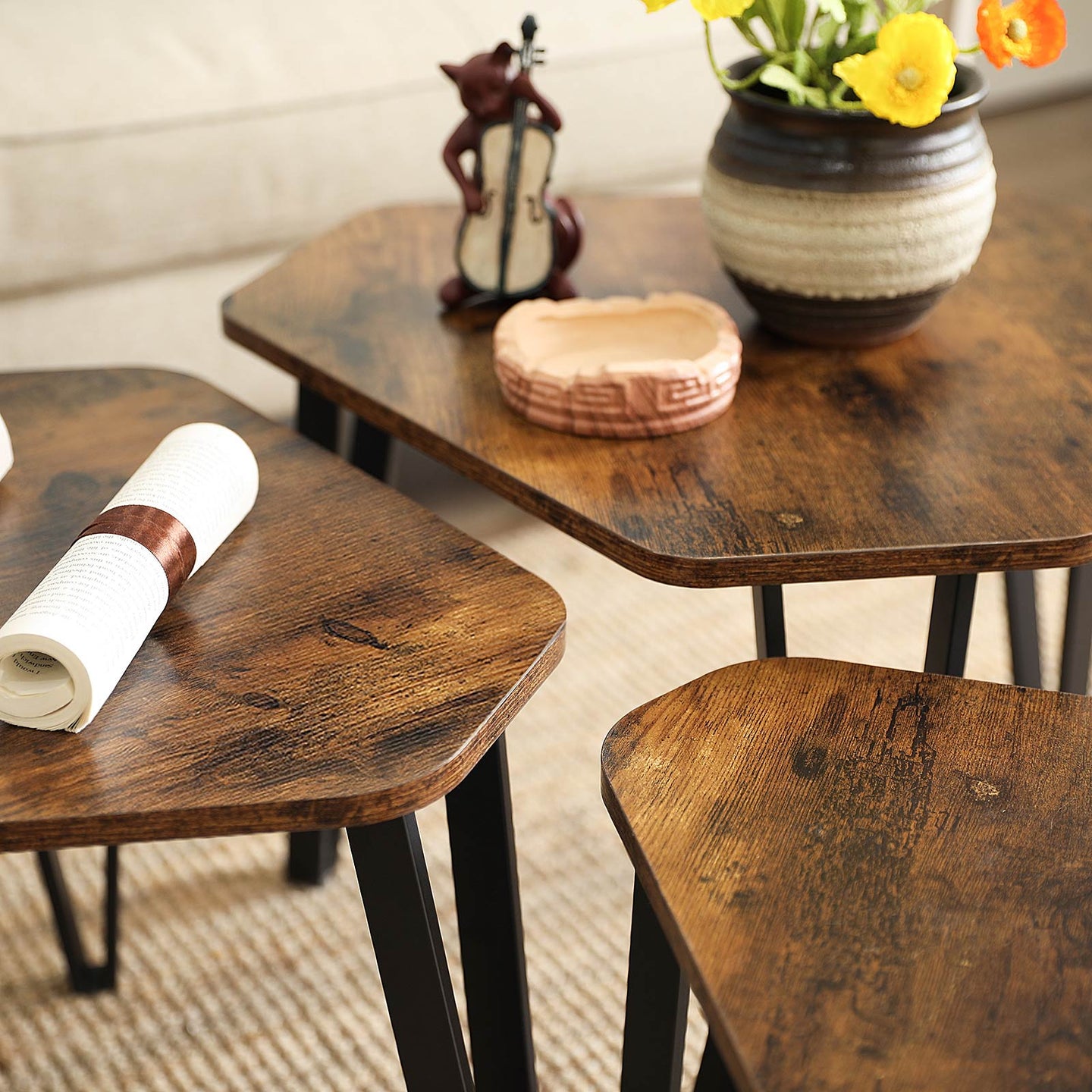 Set of 3 Nesting Coffee Tables - Steel Frame - Rustic Brown and Black