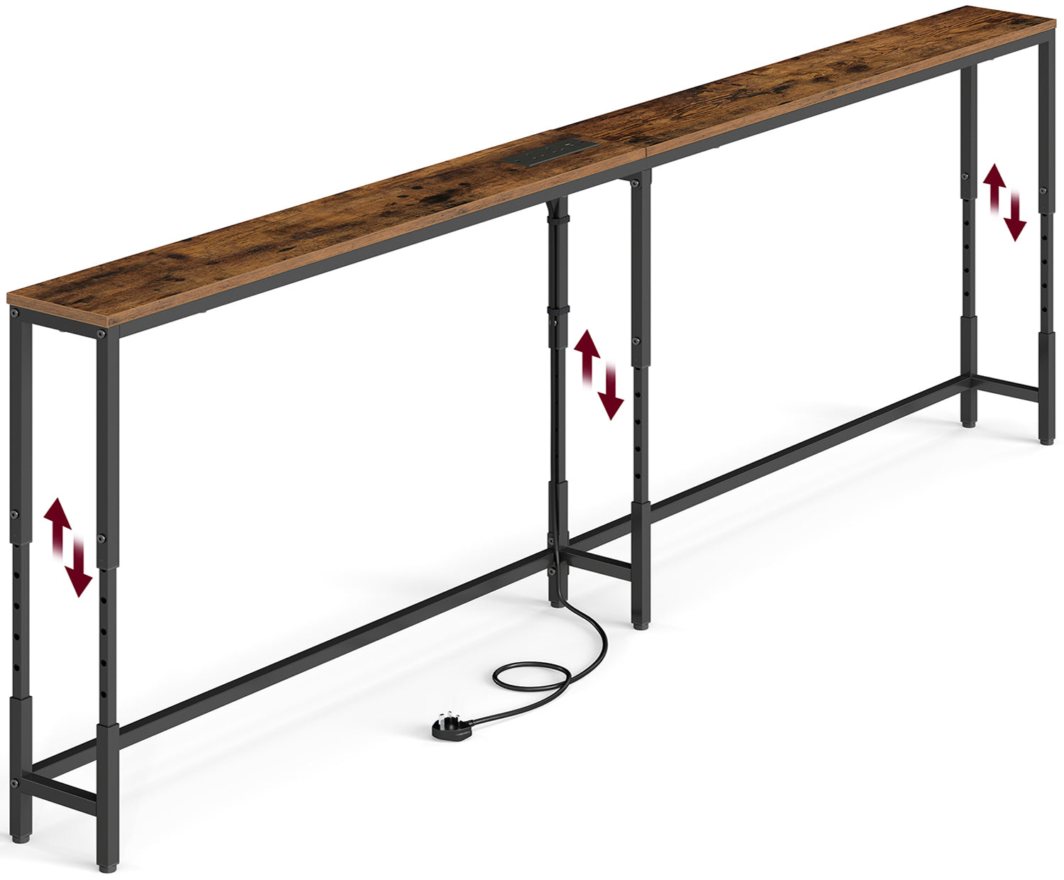Console Table - Narrow with Storage - Rustic Brown And Matte Black - 200 x 15 x (64-89.4) cm