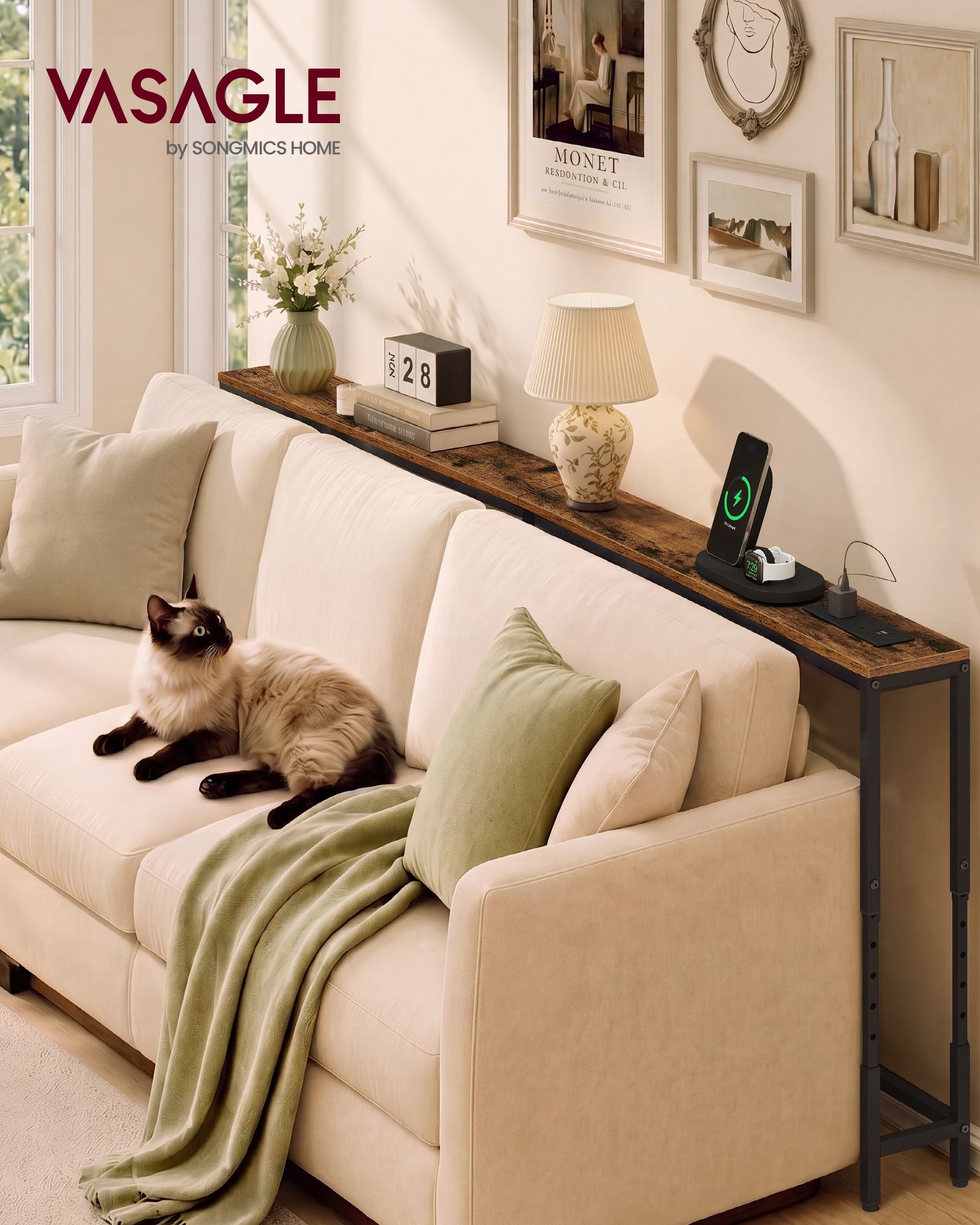 Console Table - Narrow with Storage - Rustic Brown And Matte Black - 200 x 15 x (64-89.4) cm