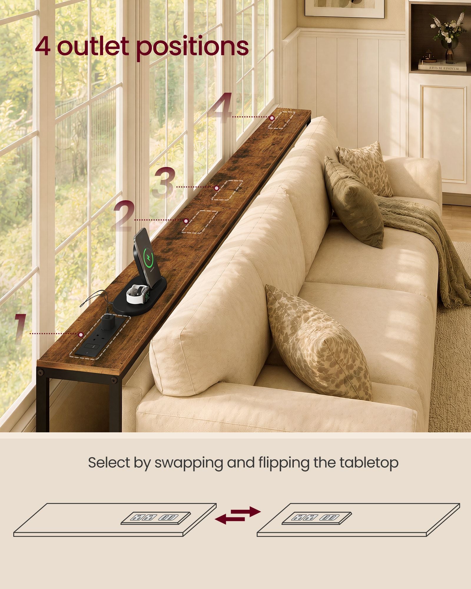 Console Table - Narrow with Storage - Rustic Brown And Matte Black - 200 x 15 x (64-89.4) cm