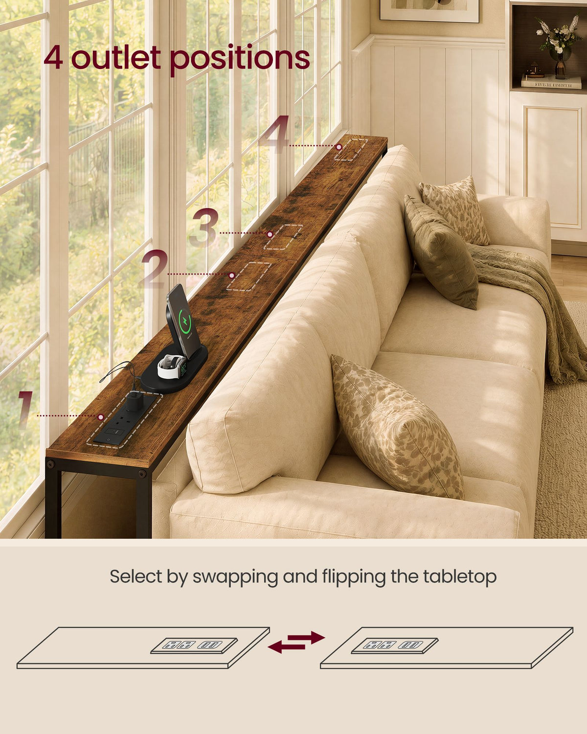 Console Table - Narrow with Storage - Rustic Brown And Matte Black - 200 x 15 x (64-89.4) cm