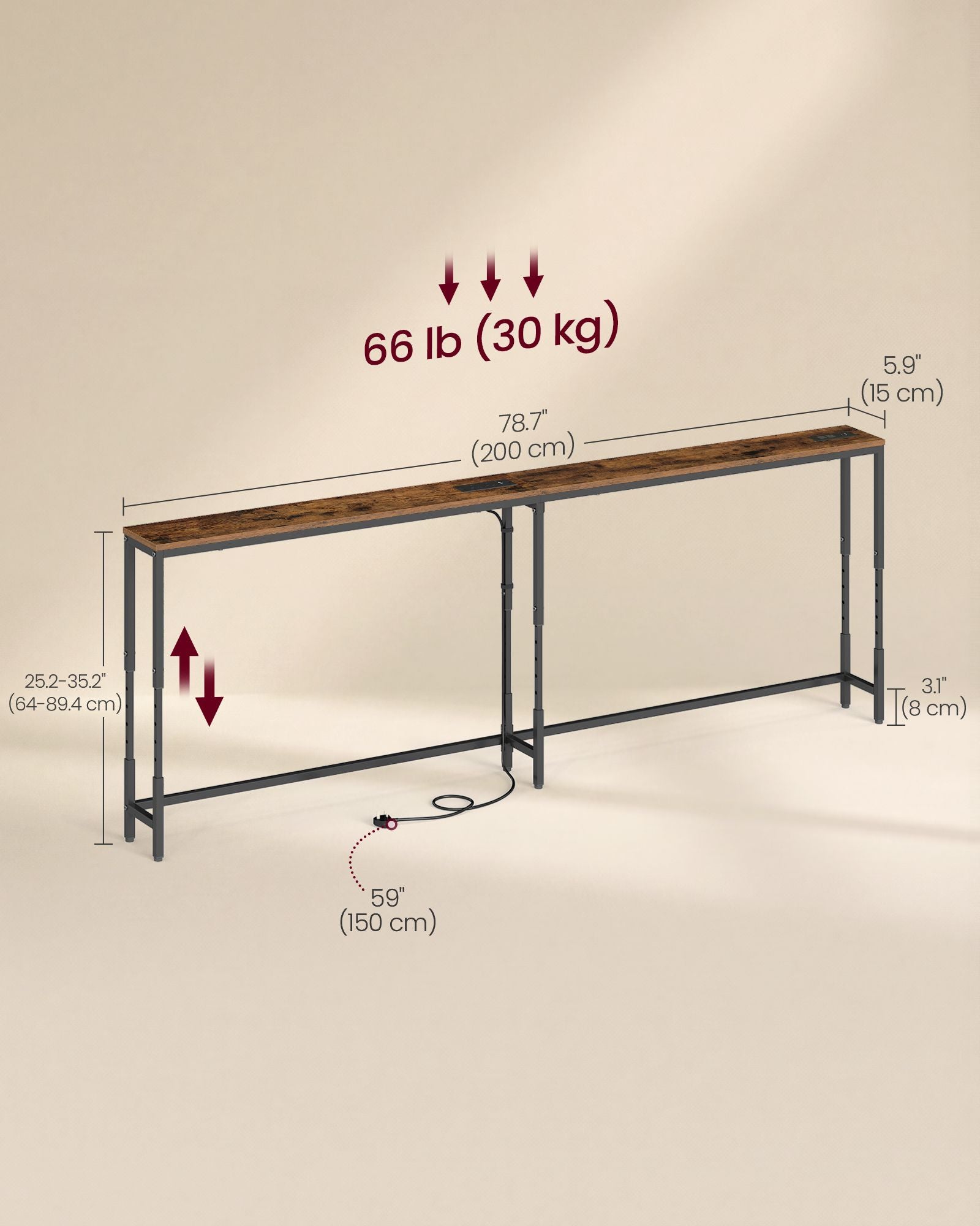Console Table - Narrow with Storage - Rustic Brown And Matte Black - 200 x 15 x (64-89.4) cm