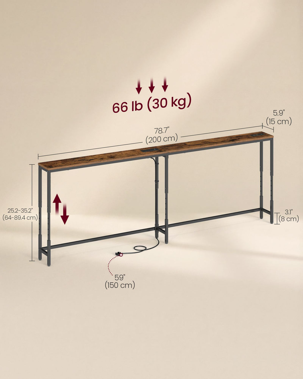 Console Table - Narrow with Storage - Rustic Brown And Matte Black - 200 x 15 x (64-89.4) cm