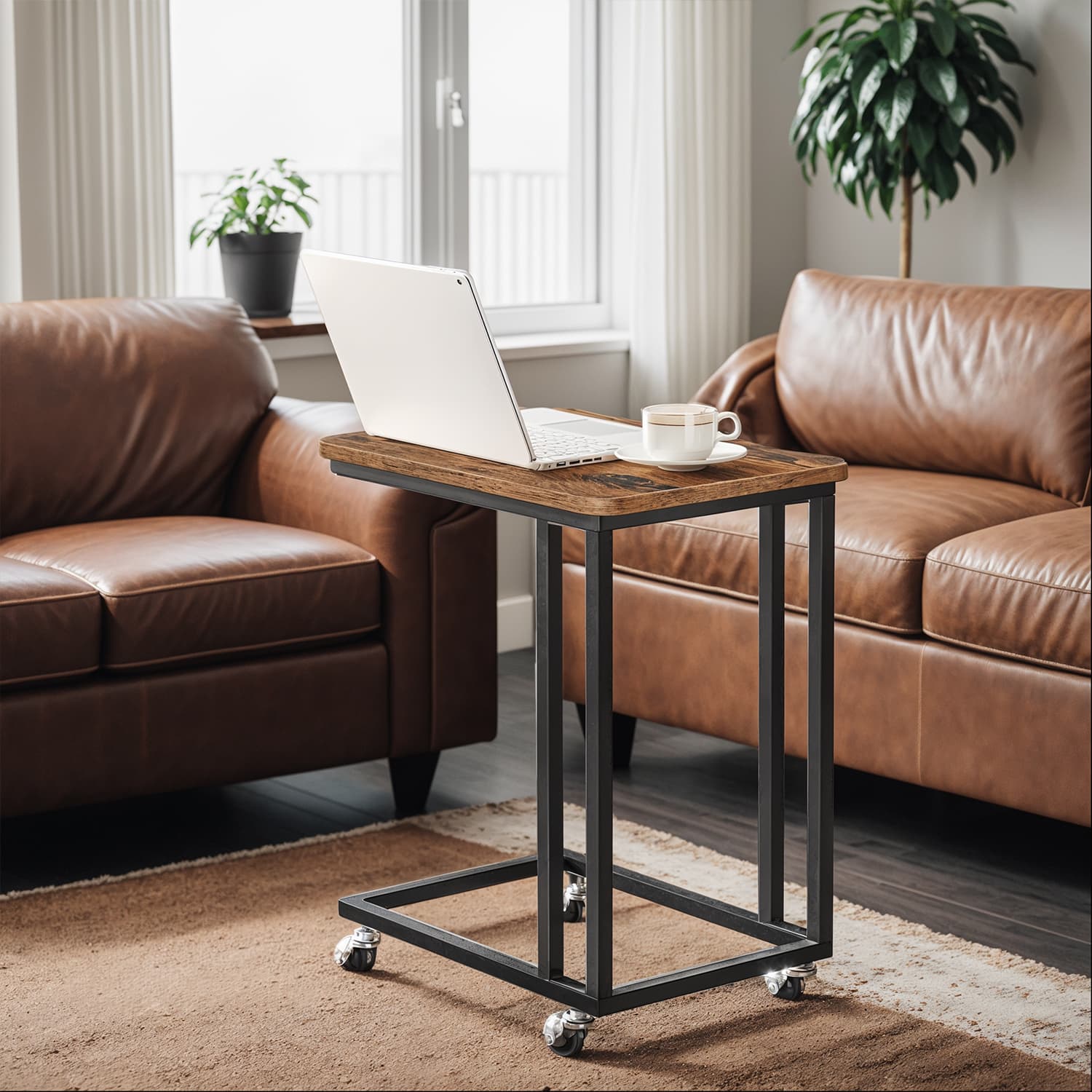 C-Shaped End Table - Metal - Rustic Brown and Black - With Casters