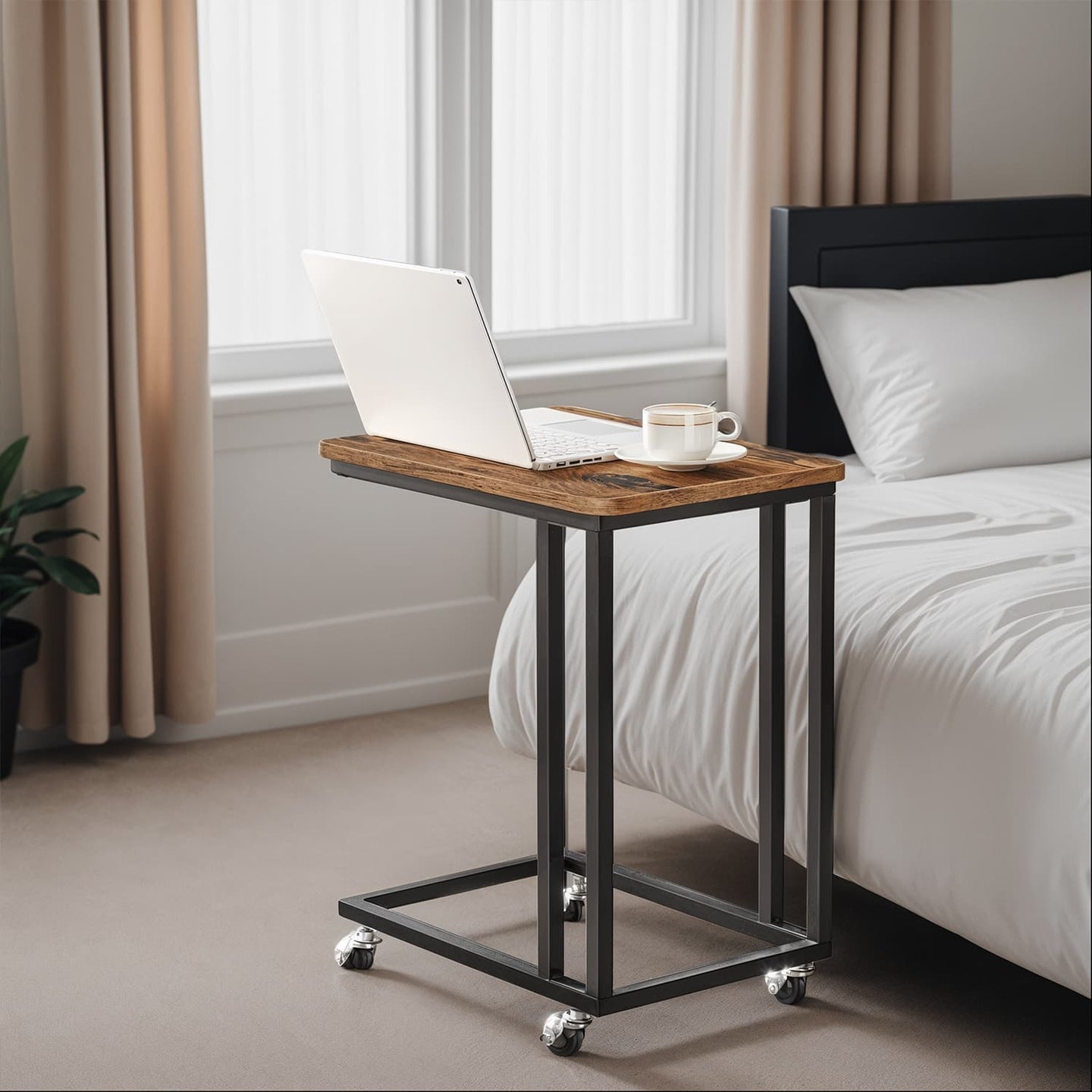 C-Shaped End Table - Metal - Rustic Brown and Black - With Casters