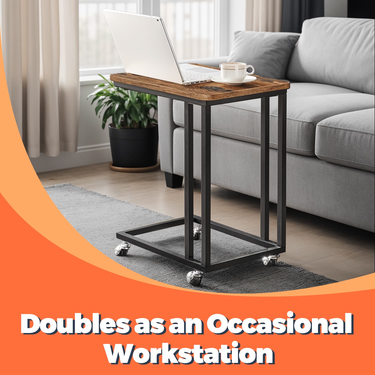 C-Shaped End Table - Metal - Rustic Brown and Black - With Casters