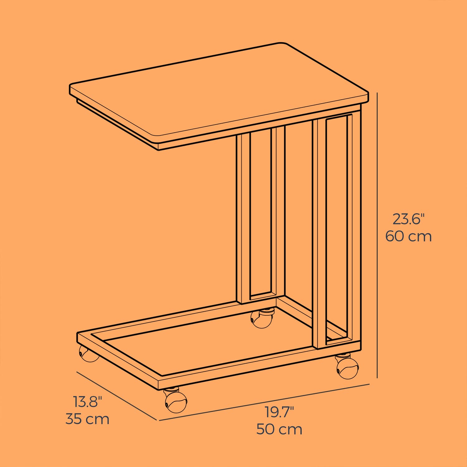 C-Shaped End Table - Metal - Rustic Brown and Black - With Casters