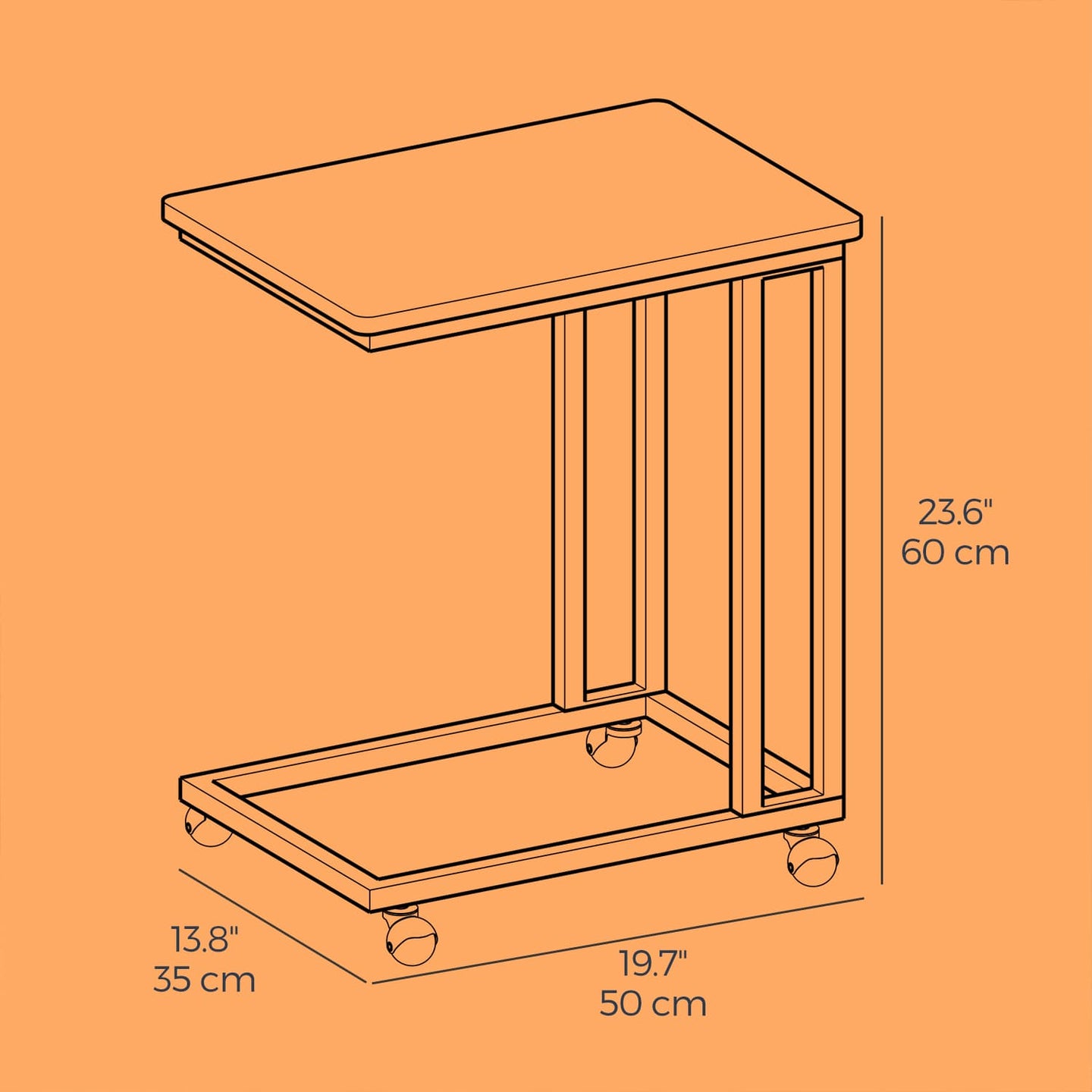 C-Shaped End Table - Metal - Rustic Brown and Black - With Casters