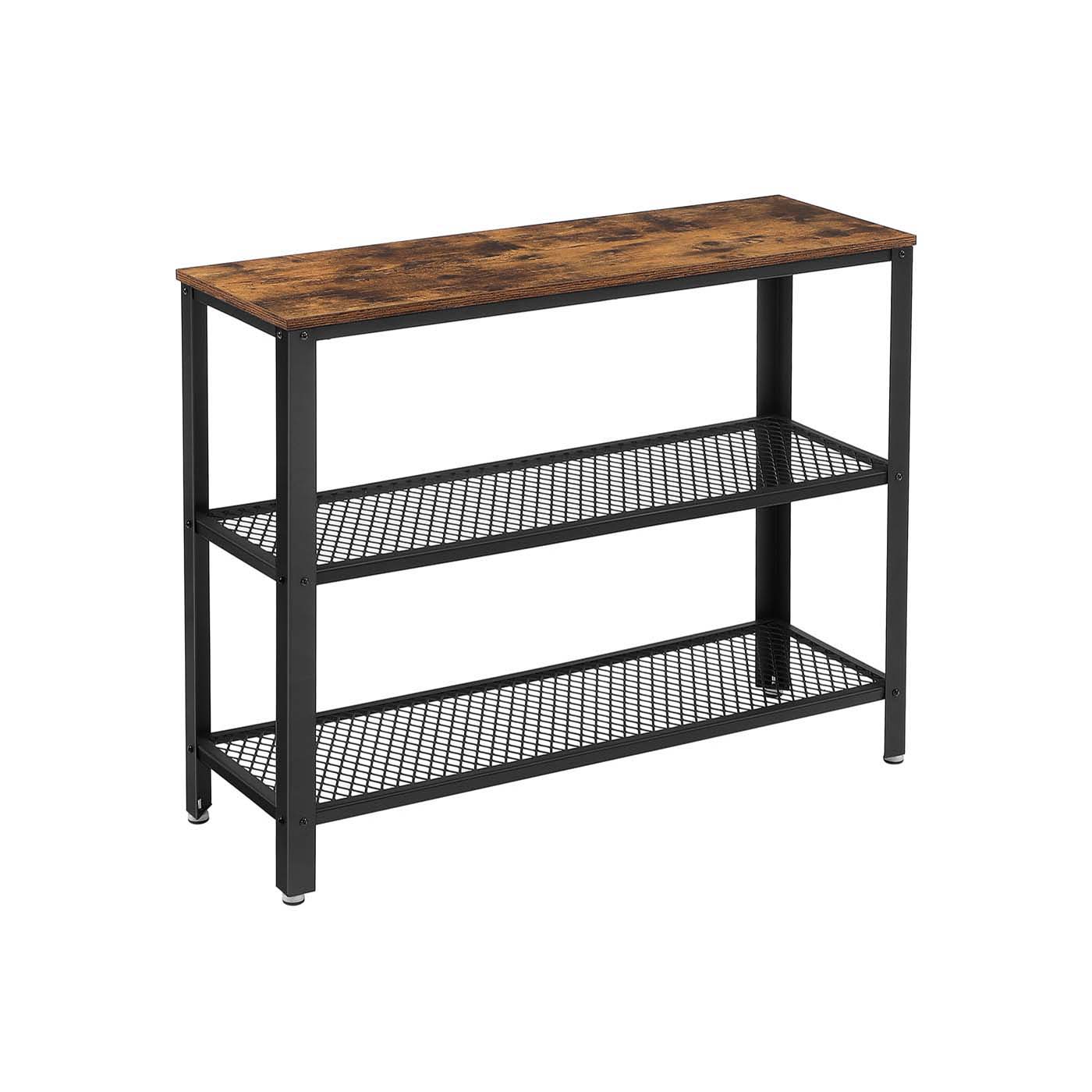 Console Table - Iron - Rustic Brown - Narrow Design with 2 Mesh Shelves
