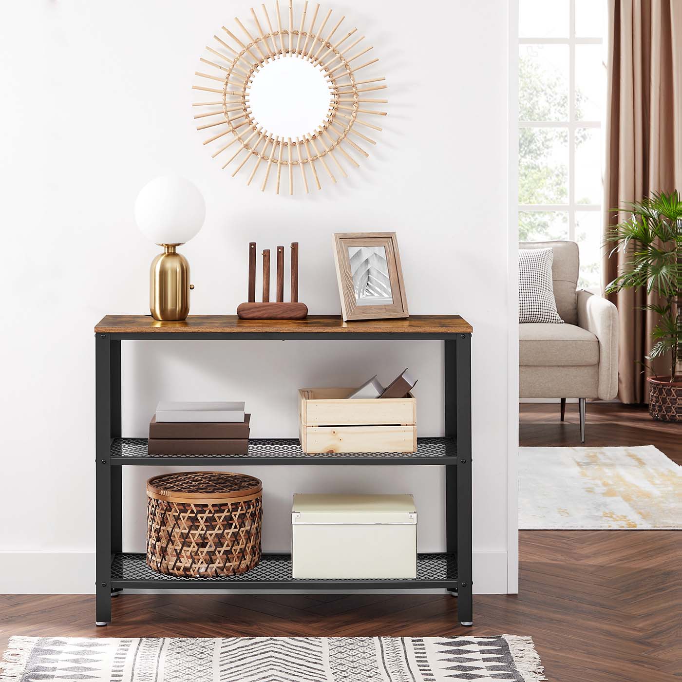 Console Table - Iron - Rustic Brown - Narrow Design with 2 Mesh Shelves
