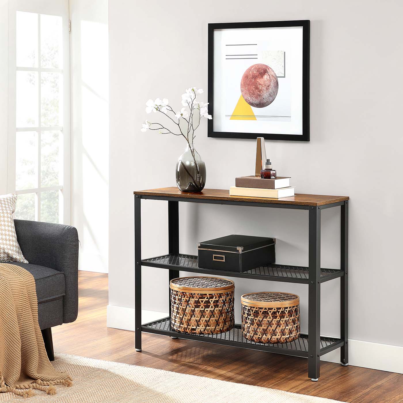 Console Table - Iron - Rustic Brown - Narrow Design with 2 Mesh Shelves