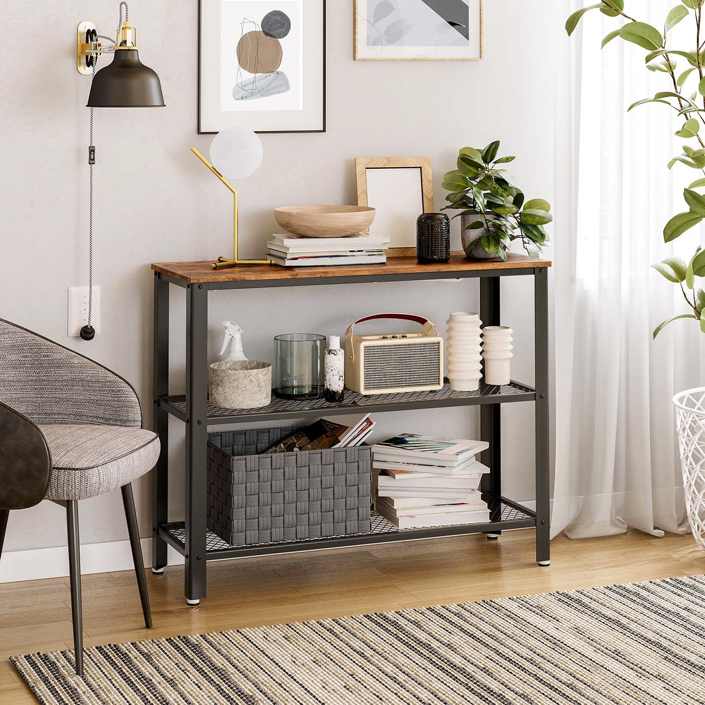 Console Table - Iron - Rustic Brown - Narrow Design with 2 Mesh Shelves