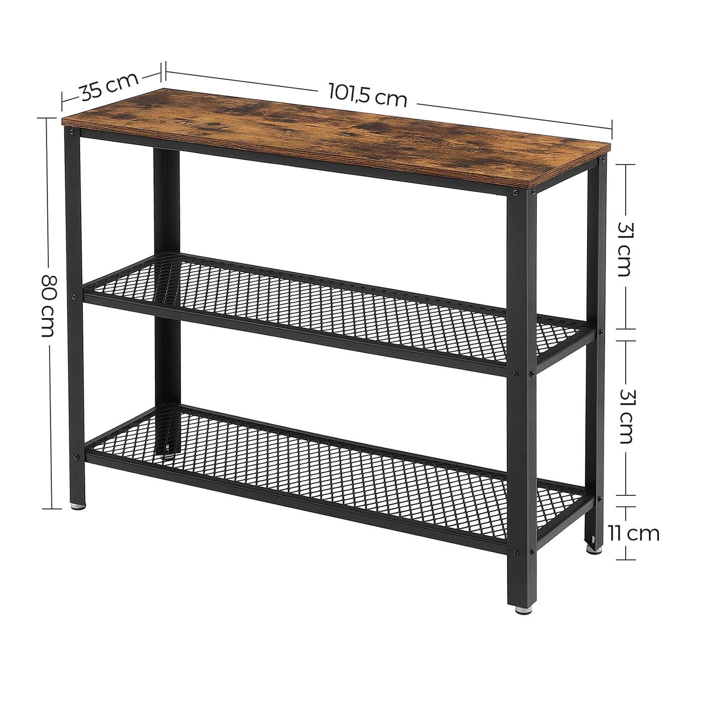 Console Table - Iron - Rustic Brown - Narrow Design with 2 Mesh Shelves