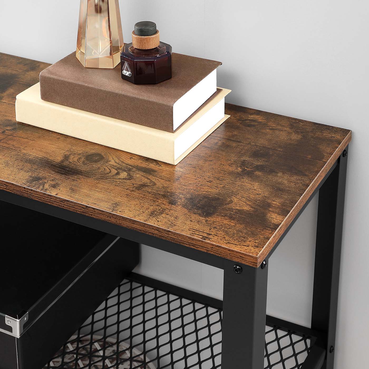 Console Table - Iron - Rustic Brown - Narrow Design with 2 Mesh Shelves