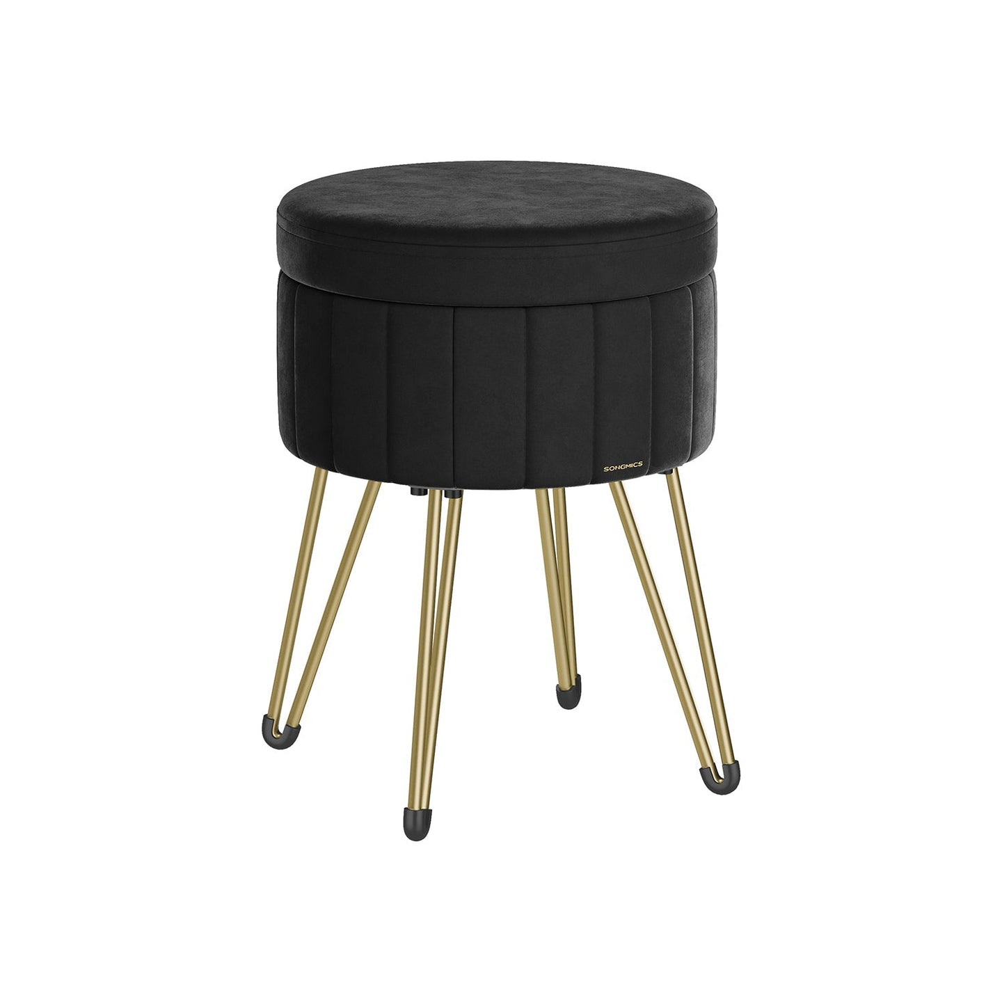 Round Storage Ottoman - Velvet - Ink Black - with Metal Legs