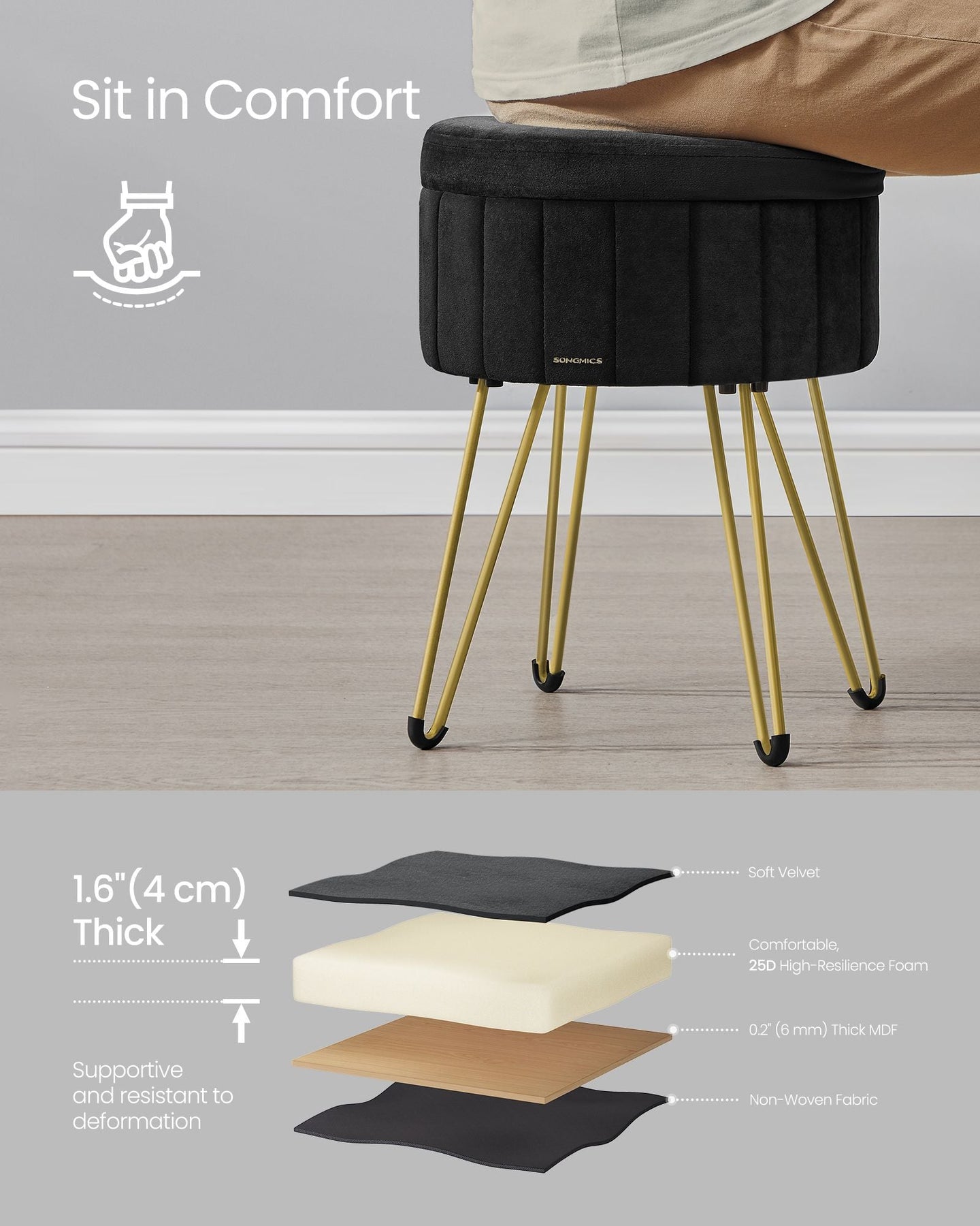 Round Storage Ottoman - Velvet - Ink Black - with Metal Legs