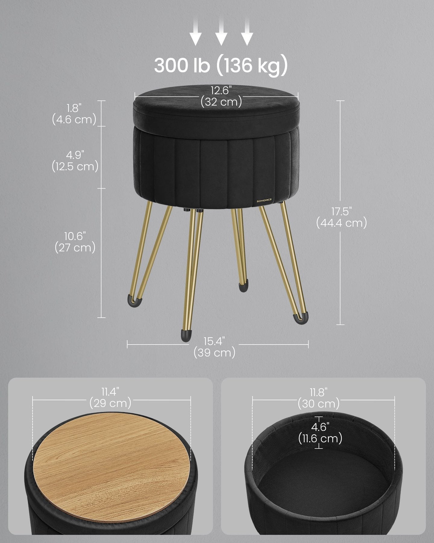 Round Storage Ottoman - Velvet - Ink Black - with Metal Legs