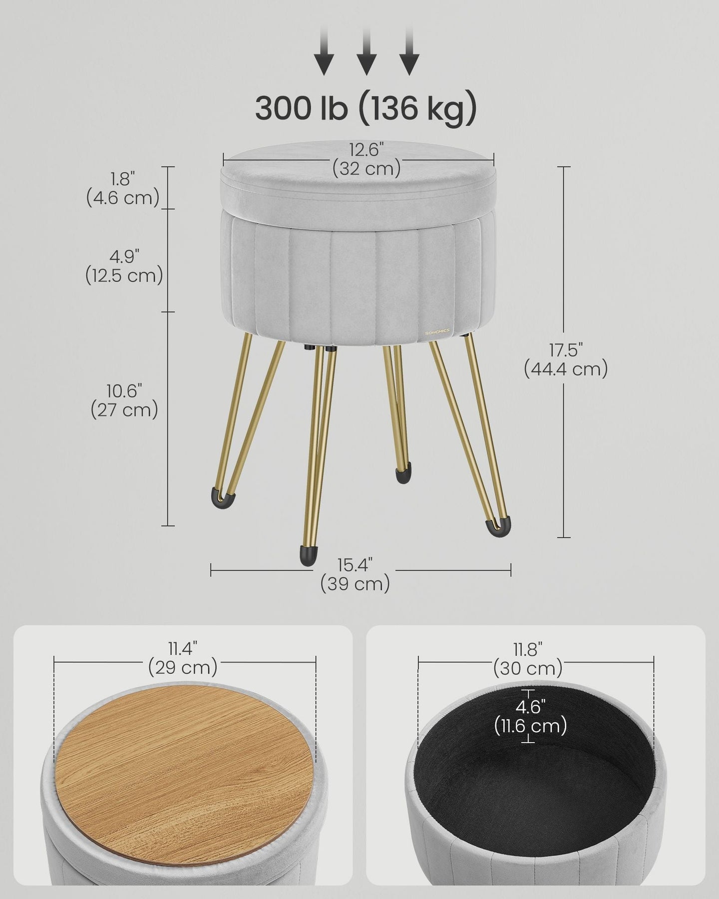 Round Velvet Storage Ottoman - 4 Metal Legs - Dove Grey - Versatile for Dressing Room