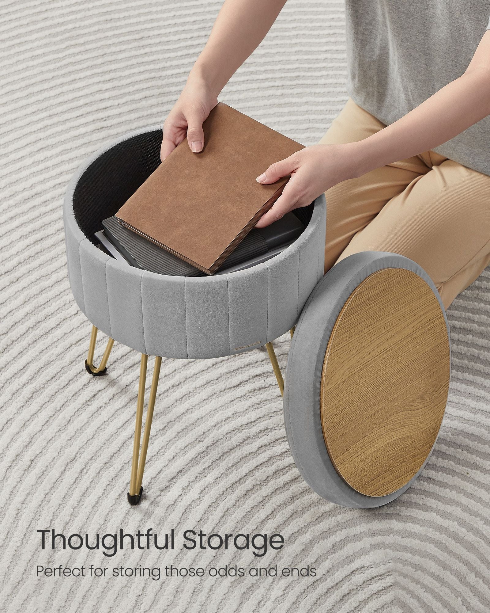 Round Velvet Storage Ottoman - 4 Metal Legs - Dove Grey - Versatile for Dressing Room