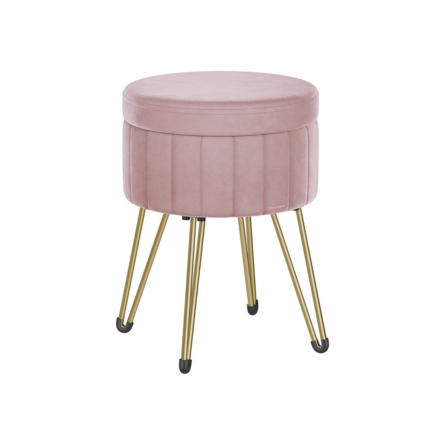 Round Velvet Storage Ottoman - 4 Metal Legs - Jelly Pink - Versatile Stool for Living Room and Bedroom