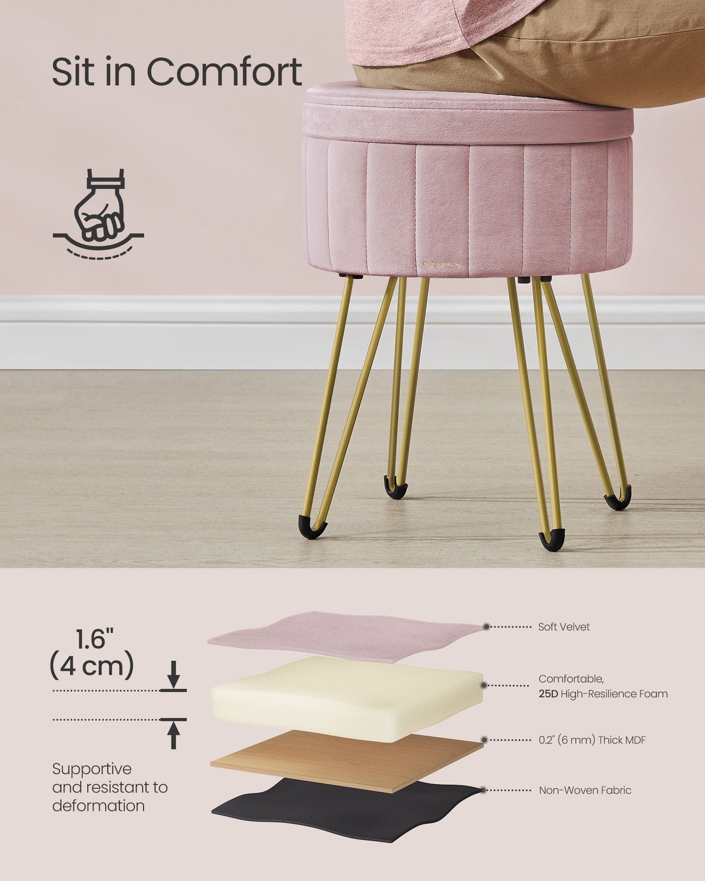 Round Velvet Storage Ottoman - 4 Metal Legs - Jelly Pink - Versatile Stool for Living Room and Bedroom
