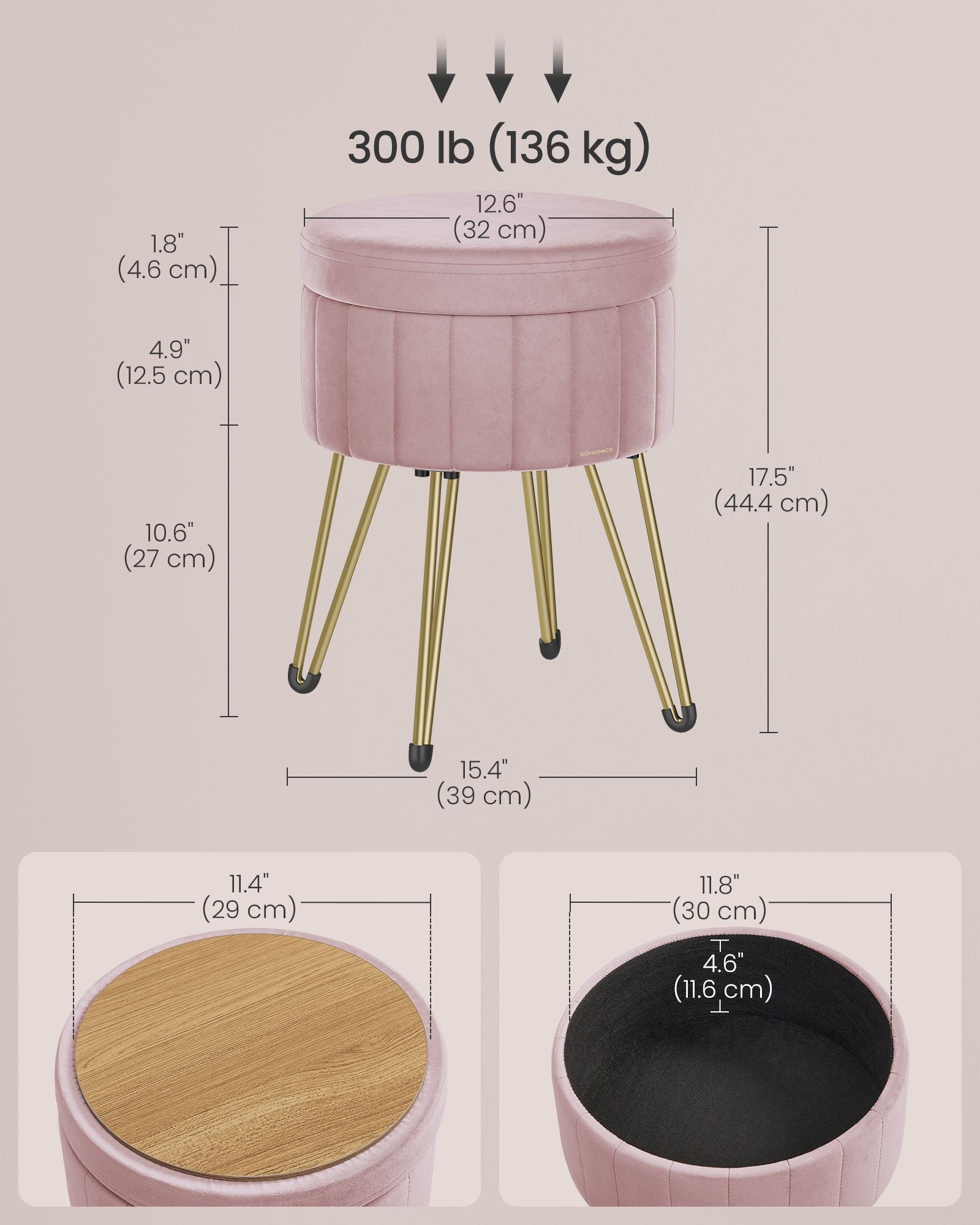 Round Velvet Storage Ottoman - 4 Metal Legs - Jelly Pink - Versatile Stool for Living Room and Bedroom