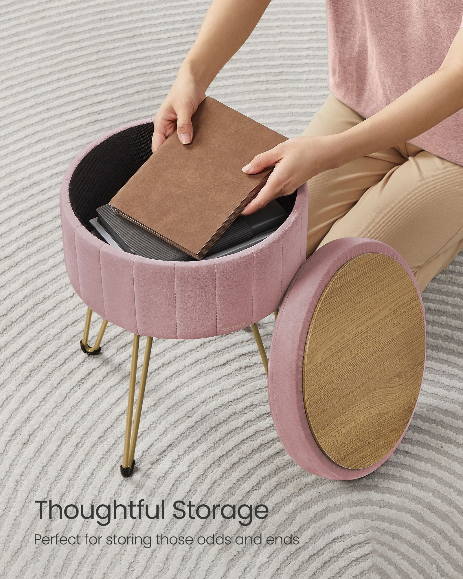 Round Velvet Storage Ottoman - 4 Metal Legs - Jelly Pink - Versatile Stool for Living Room and Bedroom