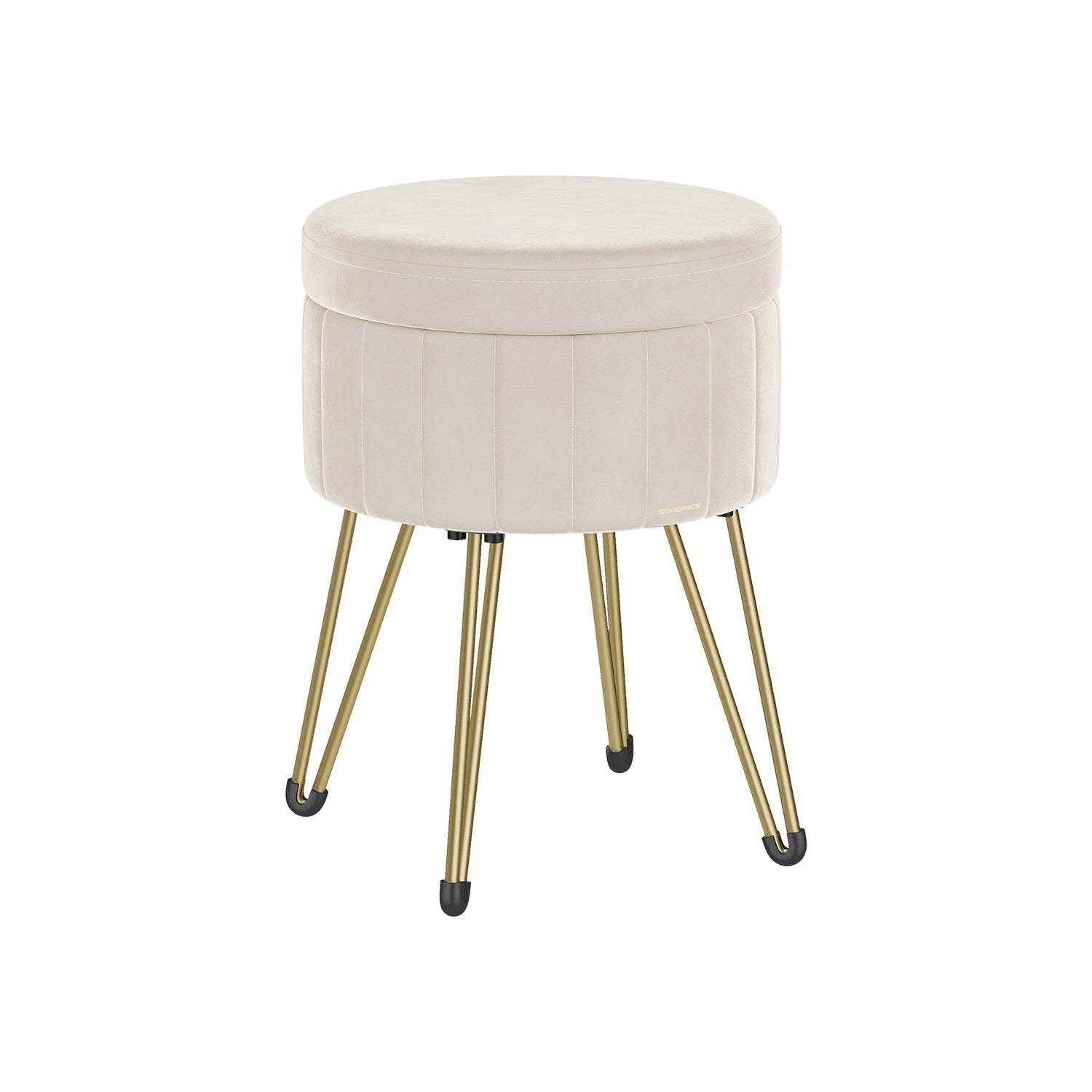 Round Storage Ottoman - Velvet - Cream White - Versatile Seating with 4 Metal Legs