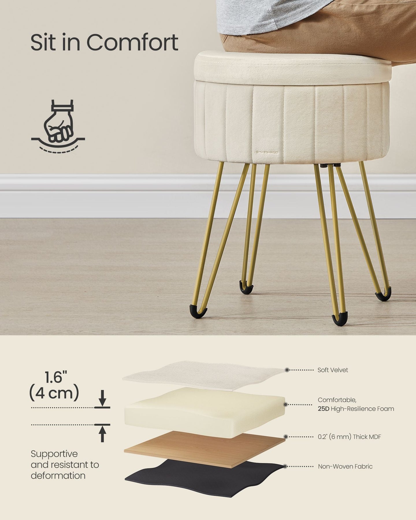 Round Storage Ottoman - Velvet - Cream White - Versatile Seating with 4 Metal Legs