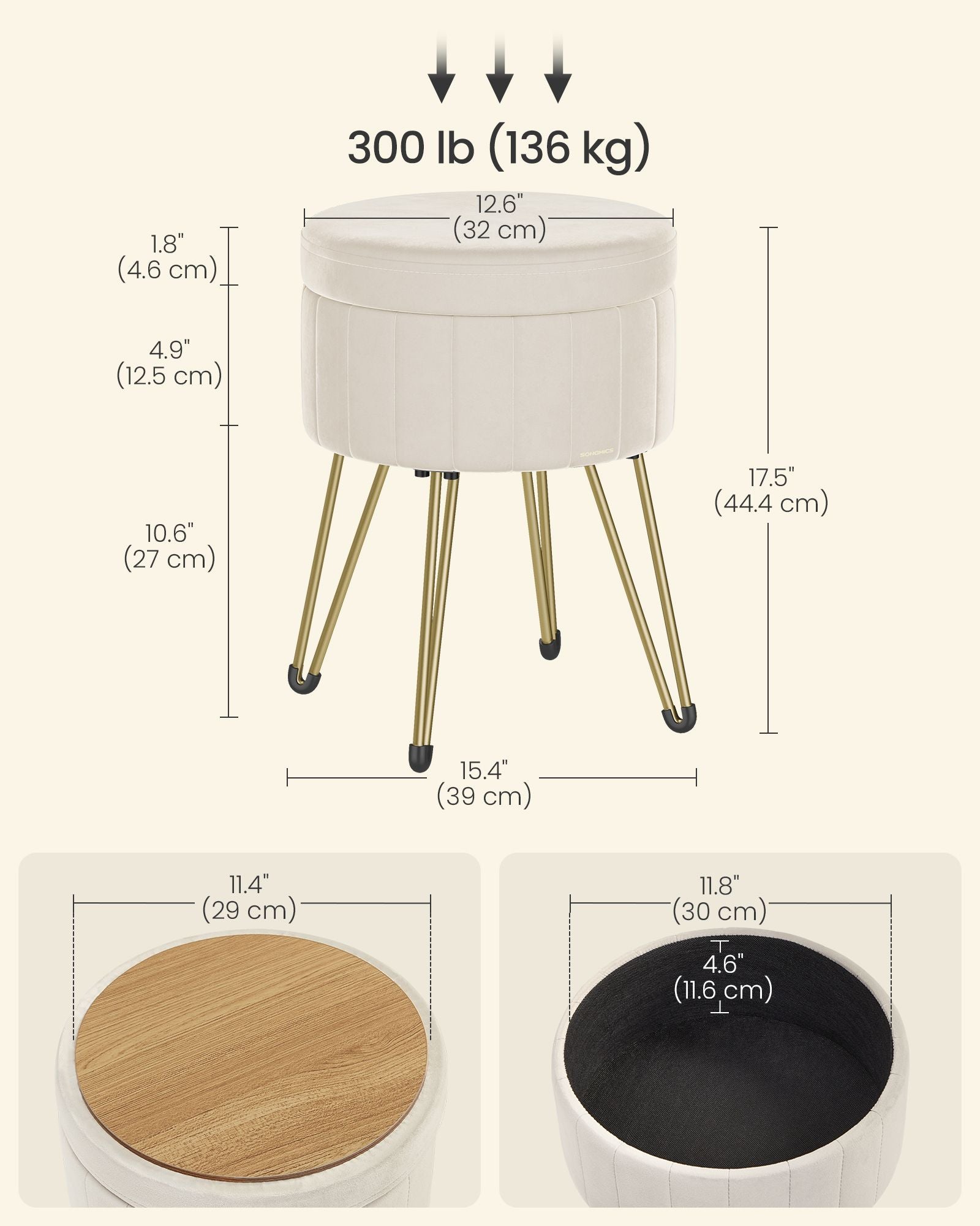 Round Storage Ottoman - Velvet - Cream White - Versatile Seating with 4 Metal Legs