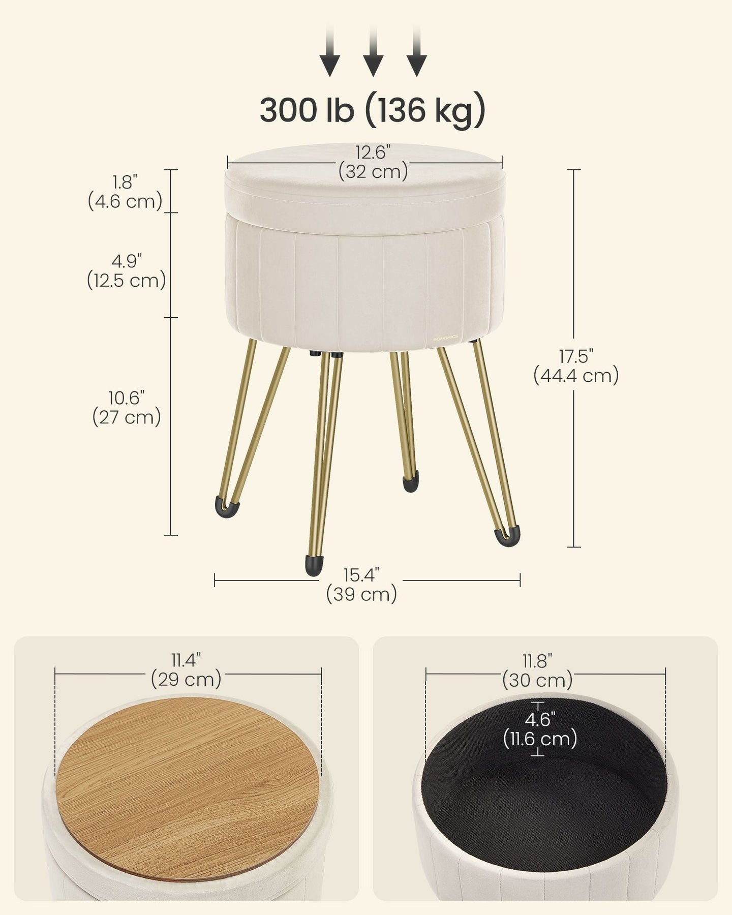 Round Storage Ottoman - Velvet - Cream White - Versatile Seating with 4 Metal Legs