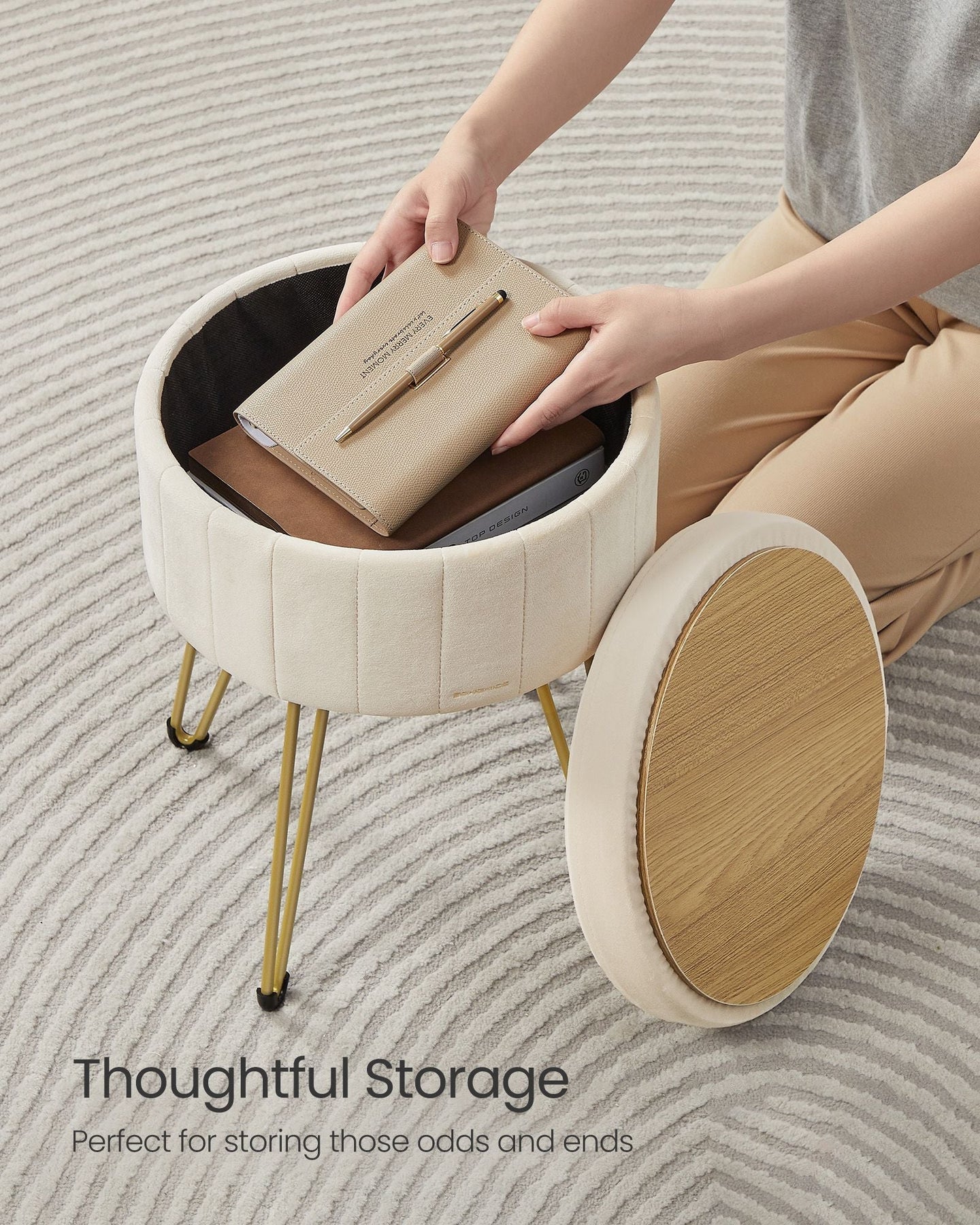 Round Storage Ottoman - Velvet - Cream White - Versatile Seating with 4 Metal Legs