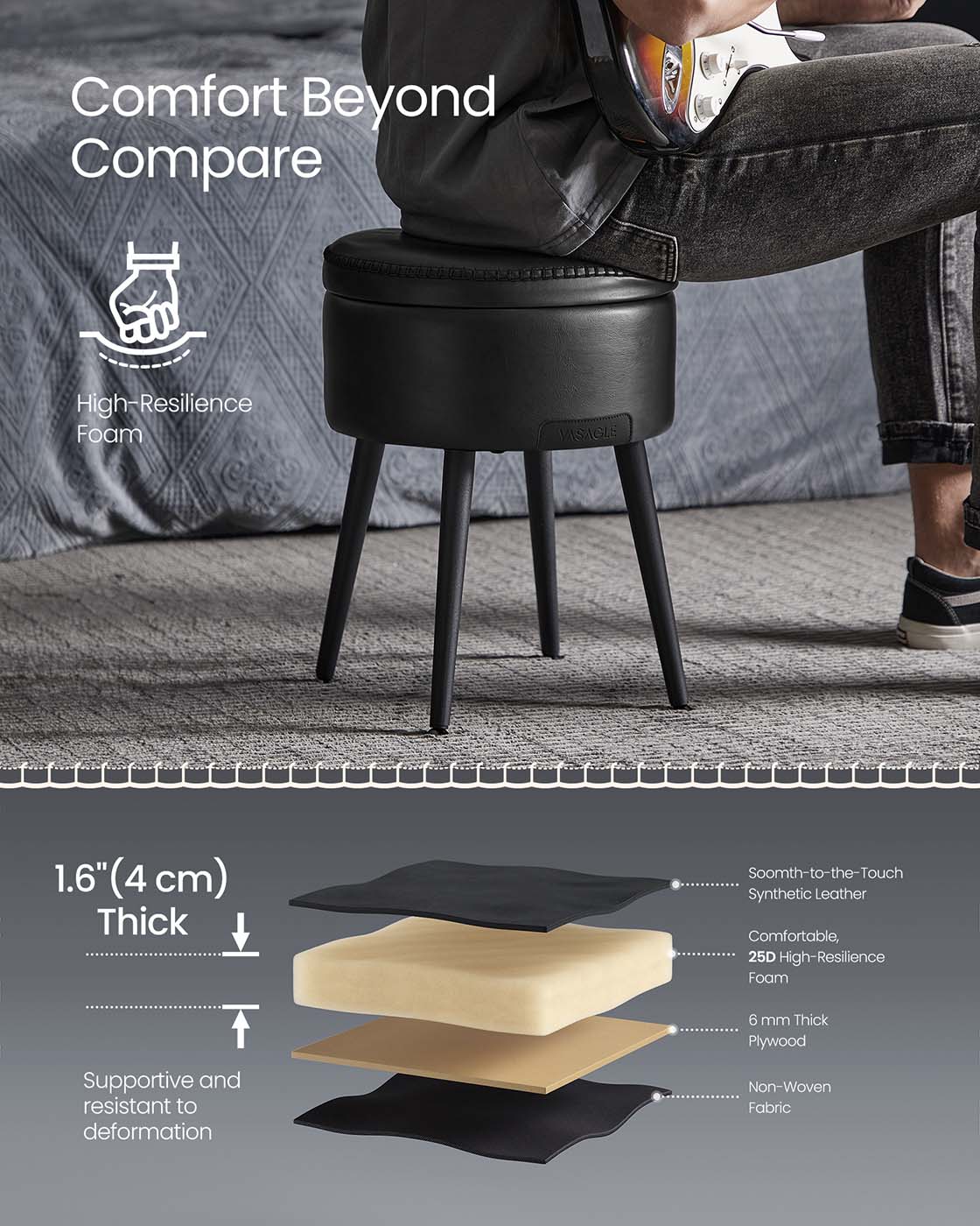 Storage Ottoman - Synthetic Leather - Ink Black