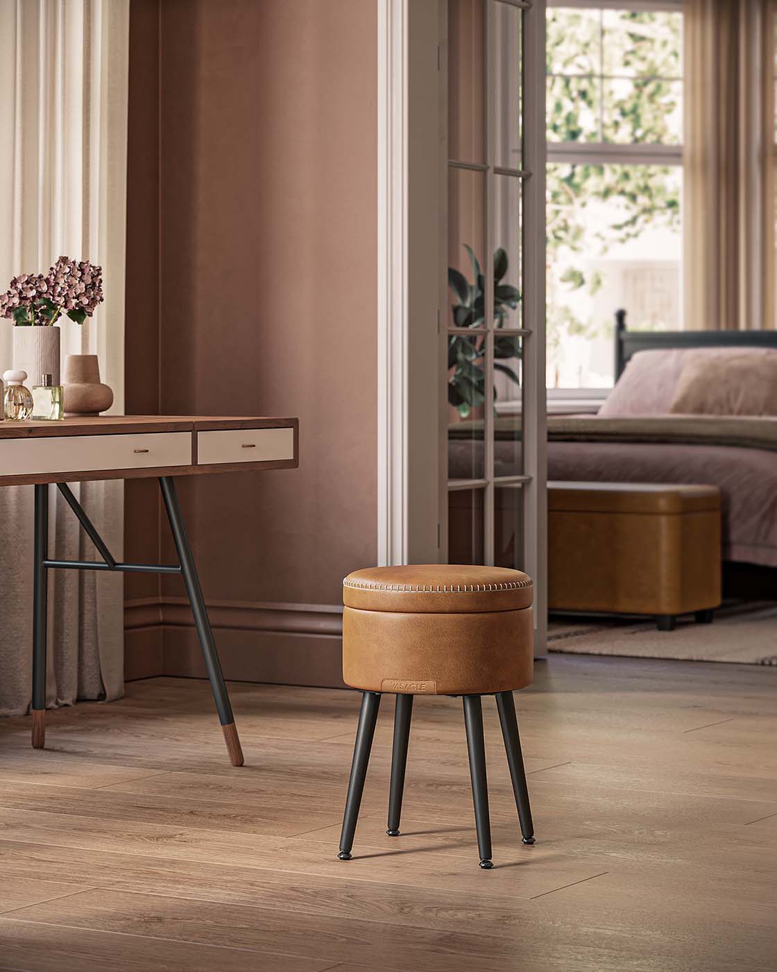 Storage Ottoman - Synthetic Leather - Caramel Brown - Round with Steel Legs
