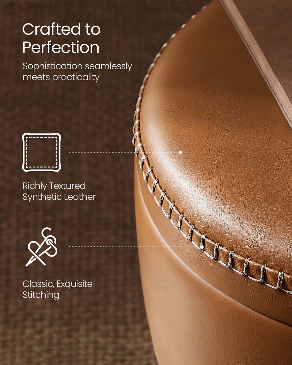Storage Ottoman - Synthetic Leather - Caramel Brown - Round with Steel Legs