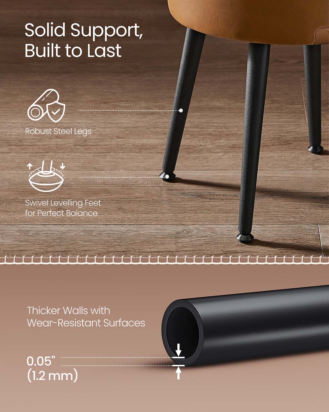 Storage Ottoman - Synthetic Leather - Caramel Brown - Round with Steel Legs