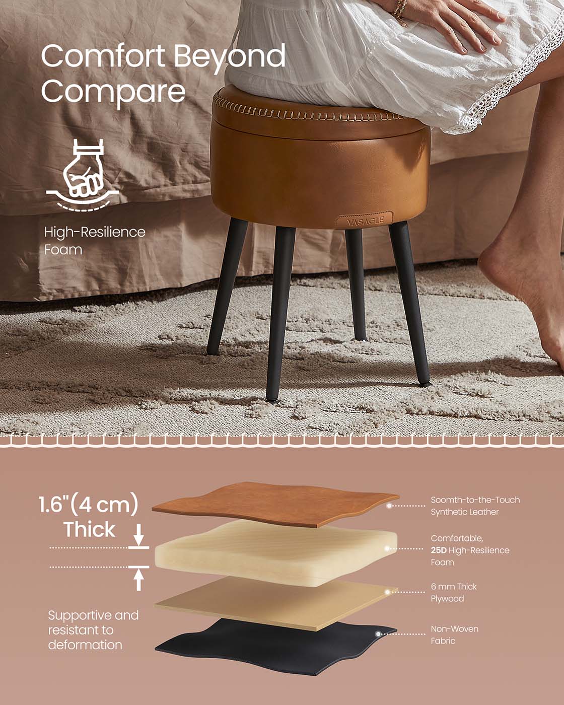 Storage Ottoman - Synthetic Leather - Caramel Brown - Round with Steel Legs