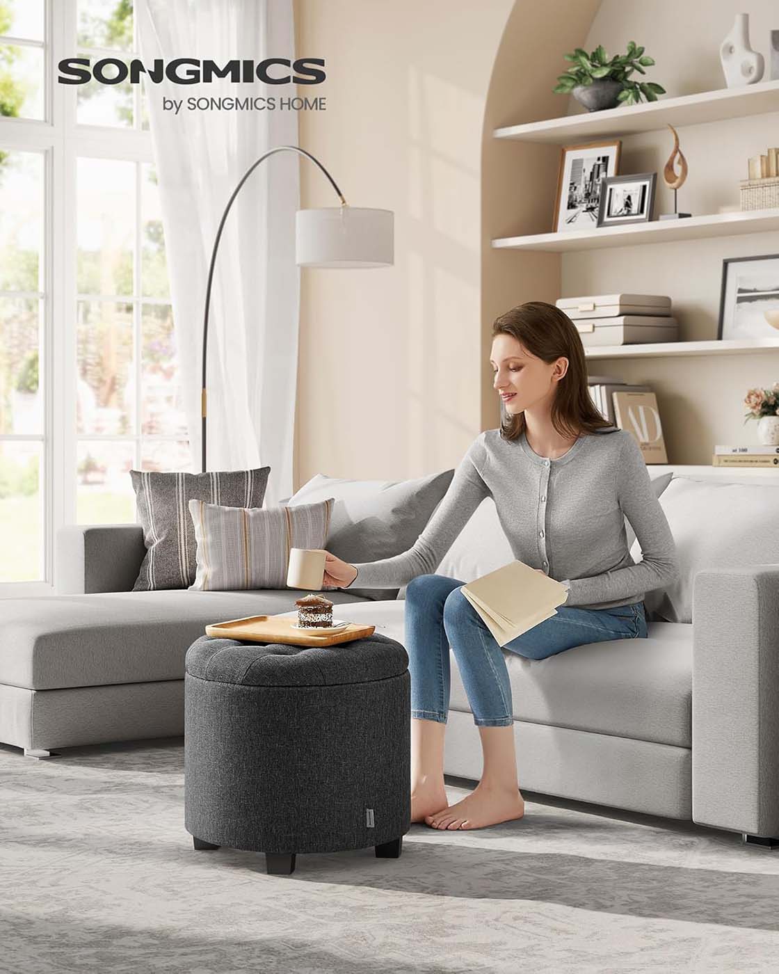 Round Ottoman - Linen-Look Fabric - Dark Grey - Storage and Footrest Functionality