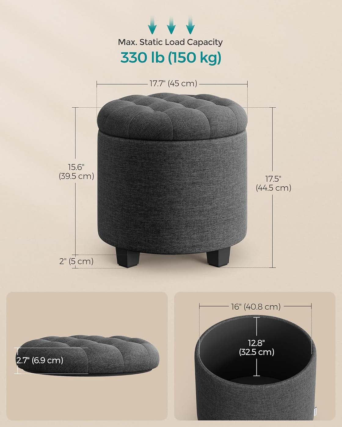 Round Ottoman - Linen-Look Fabric - Dark Grey - Storage and Footrest Functionality