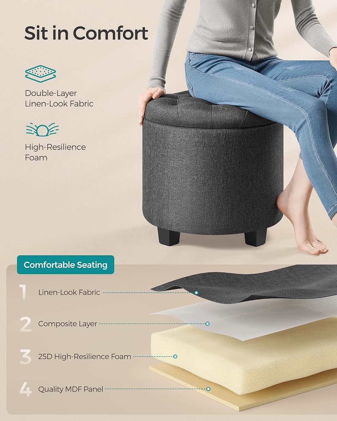 Round Ottoman - Linen-Look Fabric - Dark Grey - Storage and Footrest Functionality