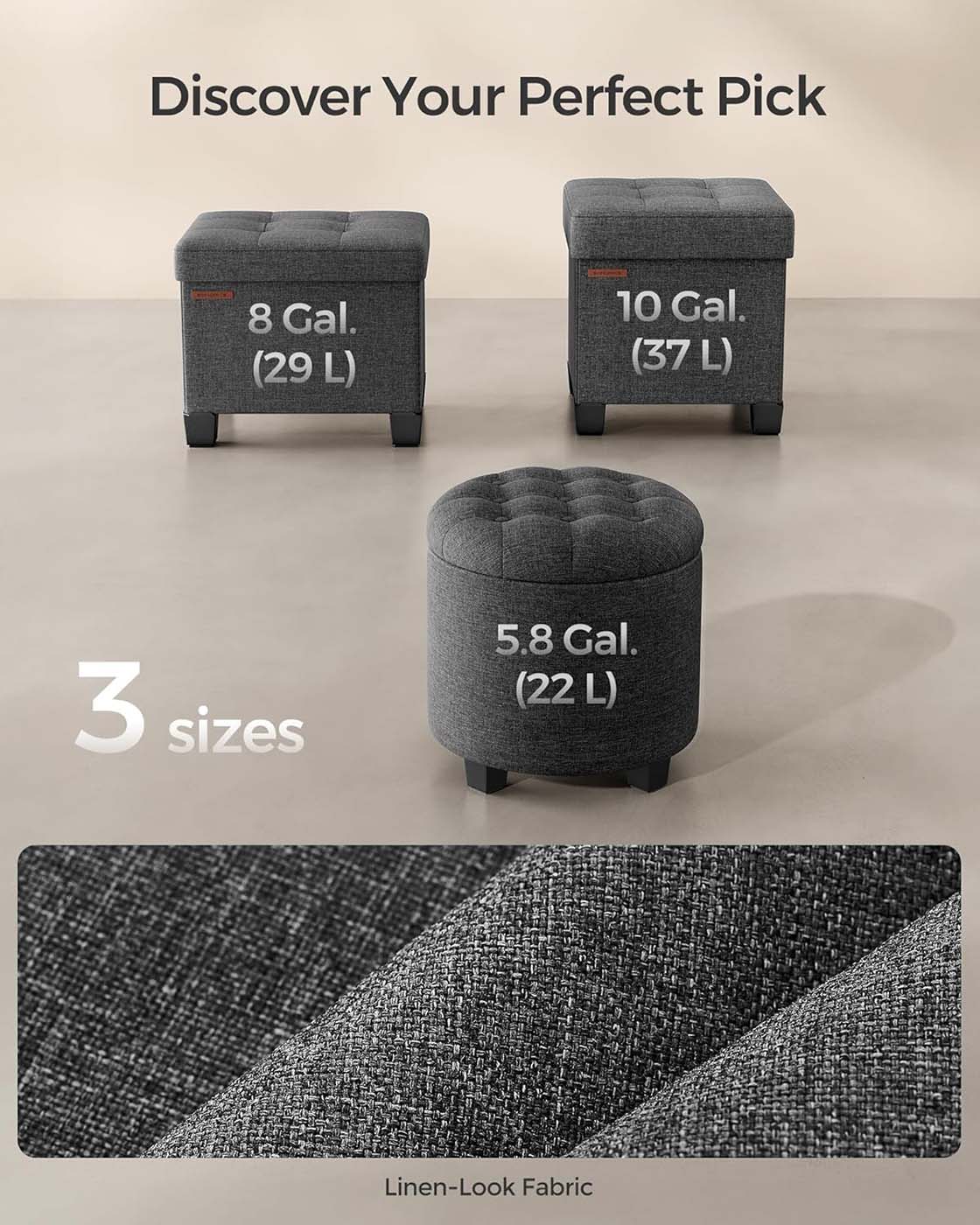 Round Ottoman - Linen-Look Fabric - Dark Grey - Storage and Footrest Functionality