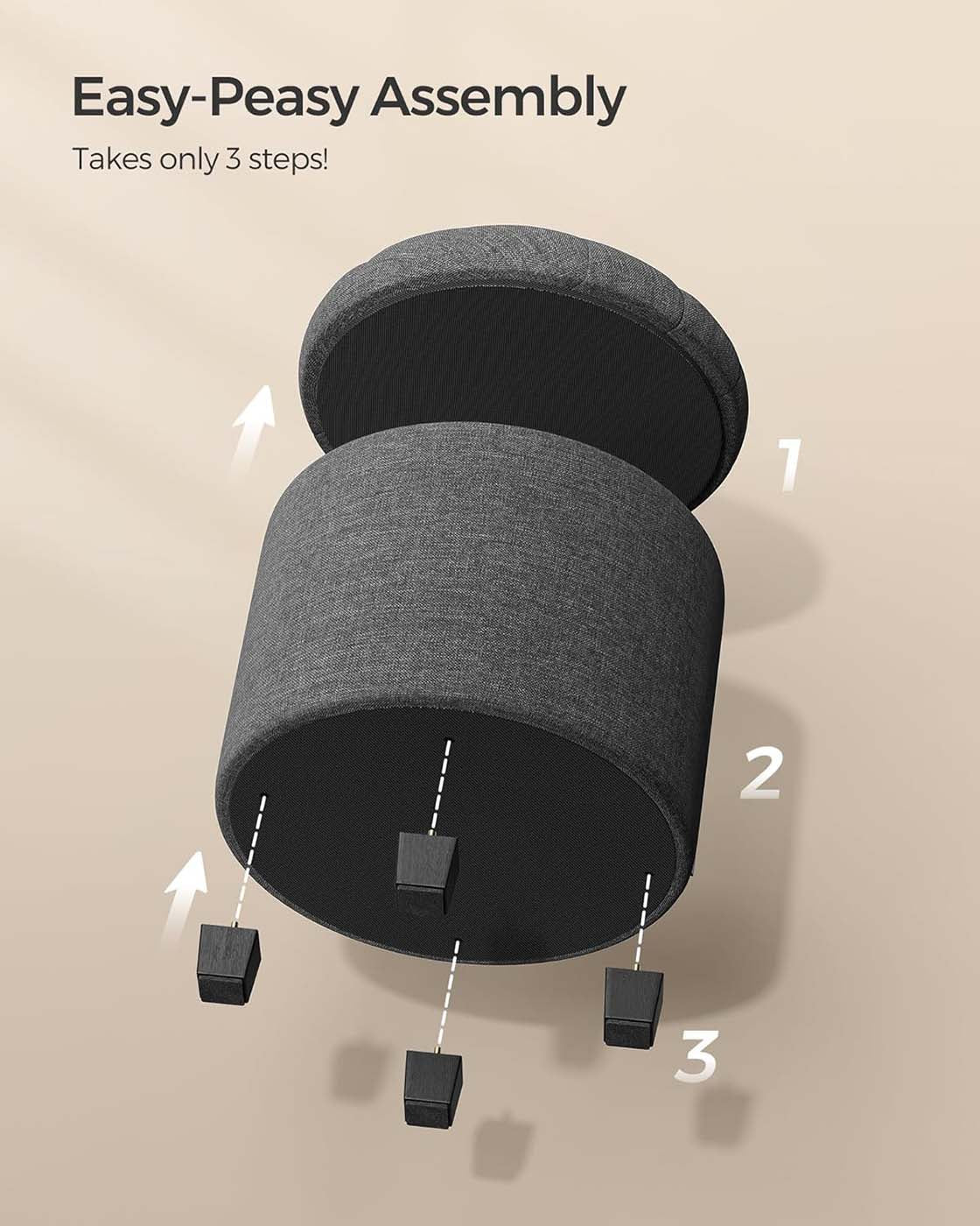 Round Ottoman - Linen-Look Fabric - Dark Grey - Storage and Footrest Functionality