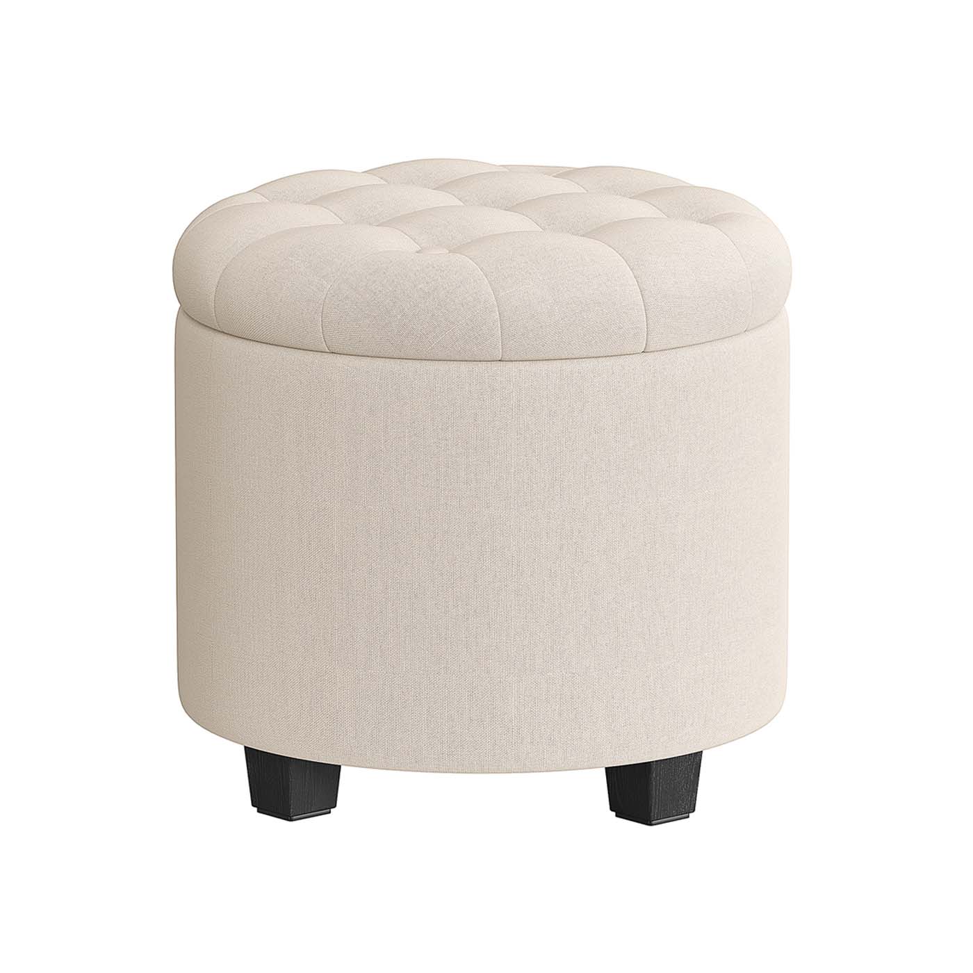 Round Ottoman - Linen-Look Fabric - Dark Grey - Storage and Footrest Functionality