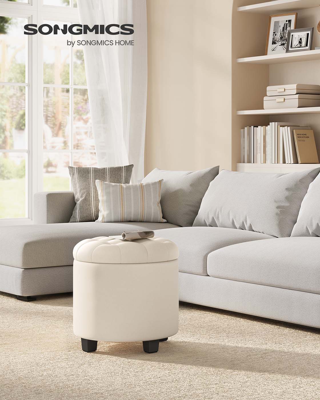 Round Ottoman - Linen-Look Fabric - Dark Grey - Storage and Footrest Functionality