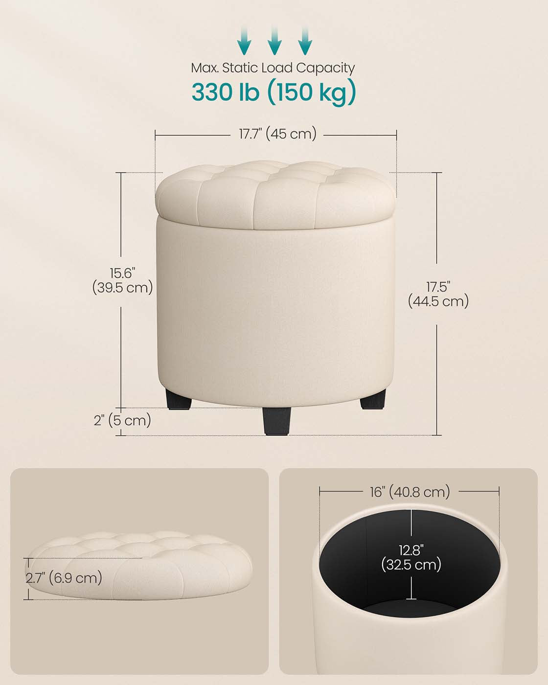 Round Ottoman - Linen-Look Fabric - Dark Grey - Storage and Footrest Functionality