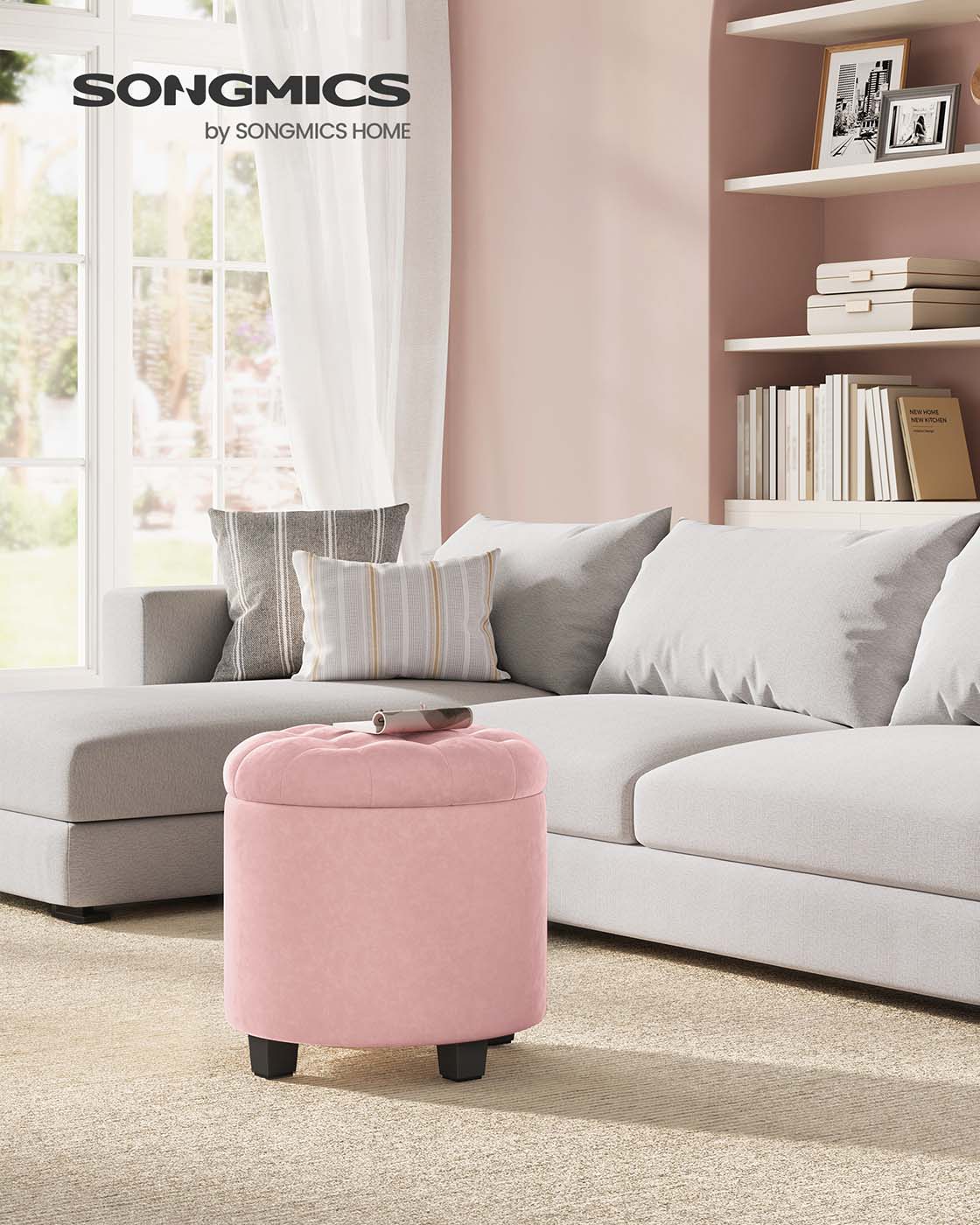 Round Ottoman - Linen-Look Fabric - Dark Grey - Storage and Footrest Functionality