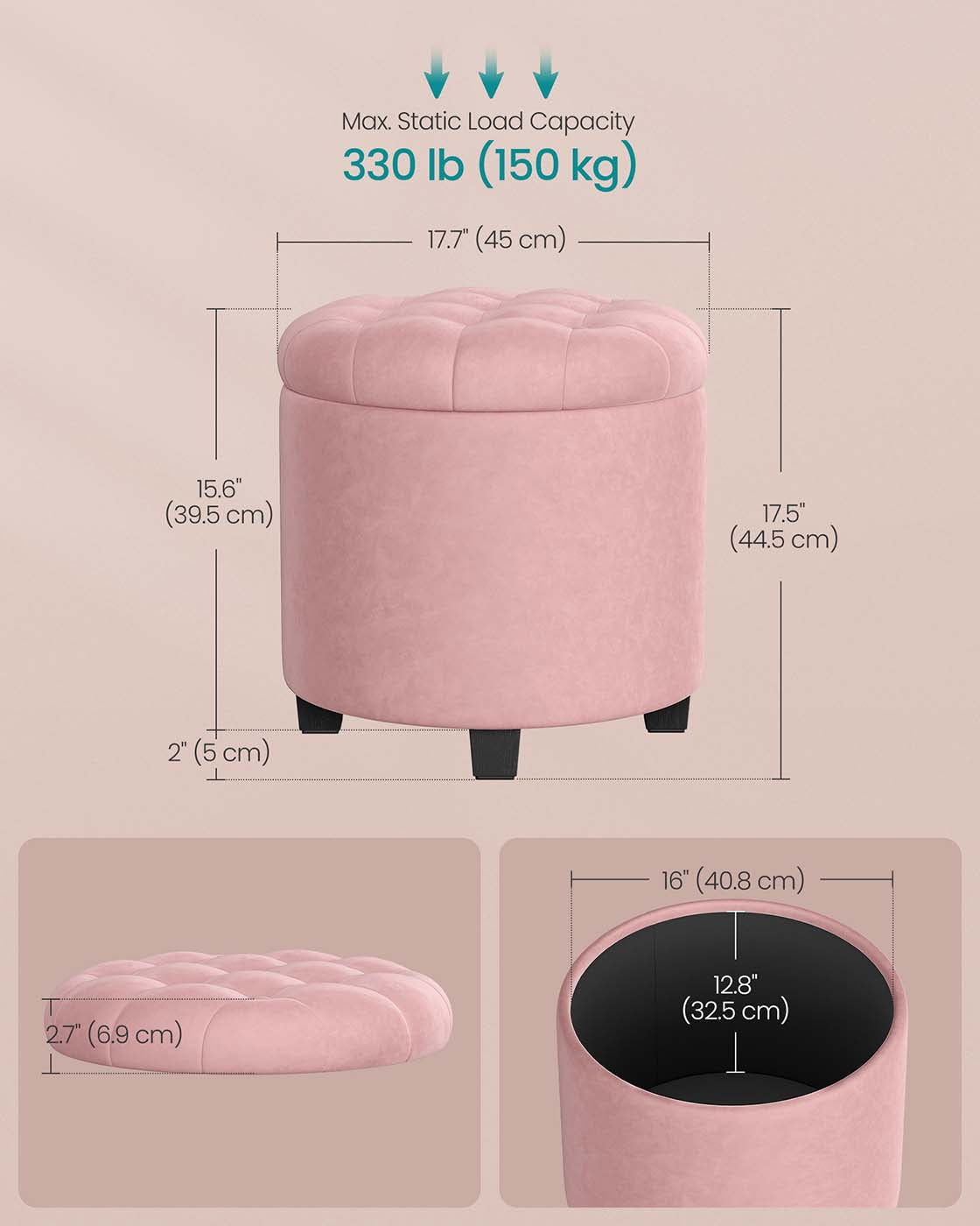 Round Ottoman - Linen-Look Fabric - Dark Grey - Storage and Footrest Functionality