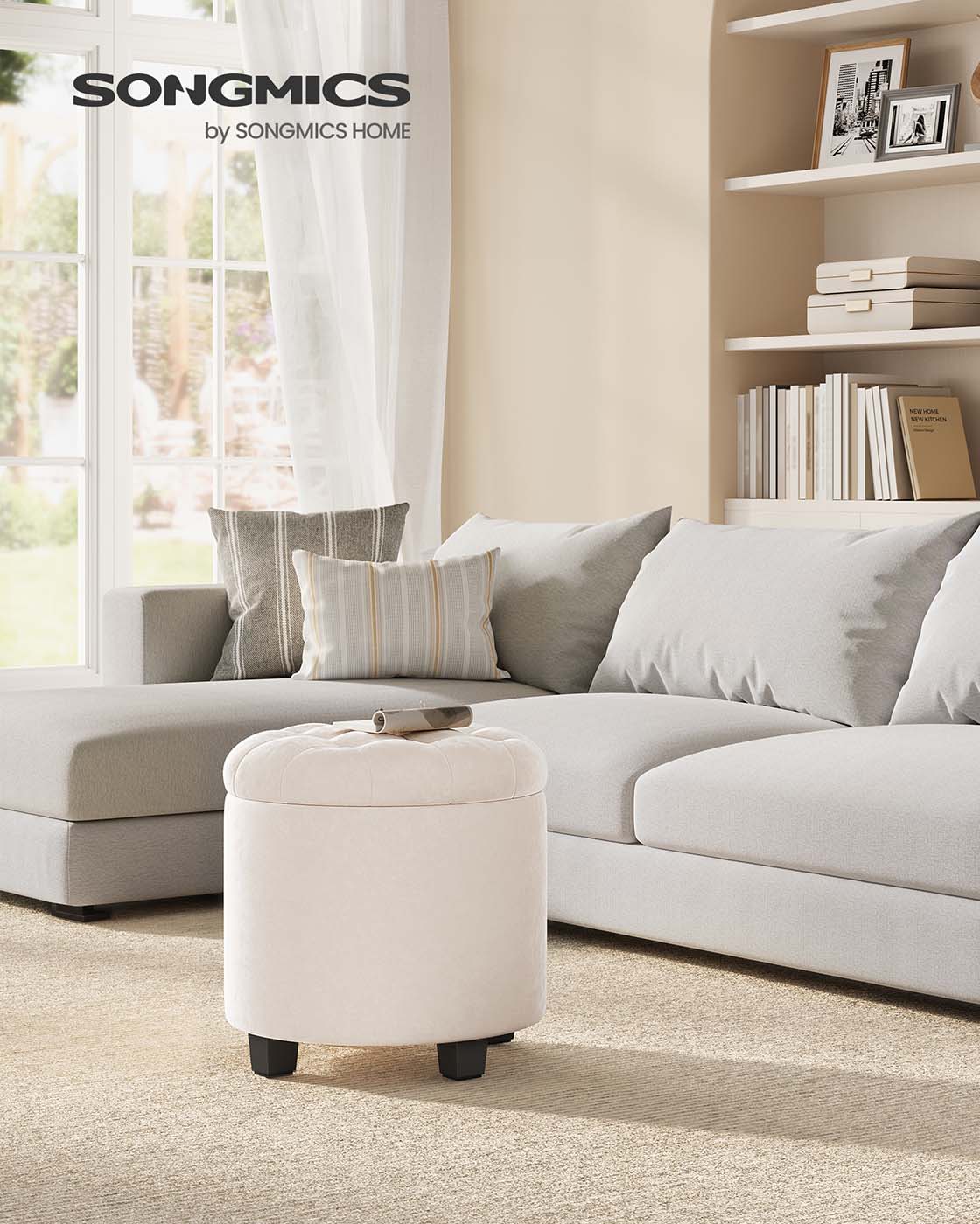 Round Ottoman - Linen-Look Fabric - Dark Grey - Storage and Footrest Functionality