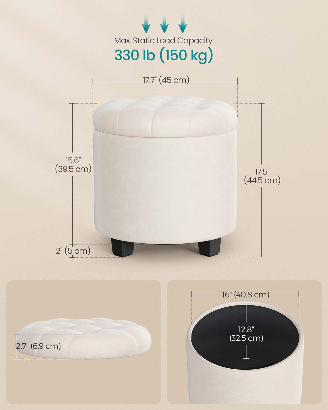 Round Ottoman - Linen-Look Fabric - Dark Grey - Storage and Footrest Functionality