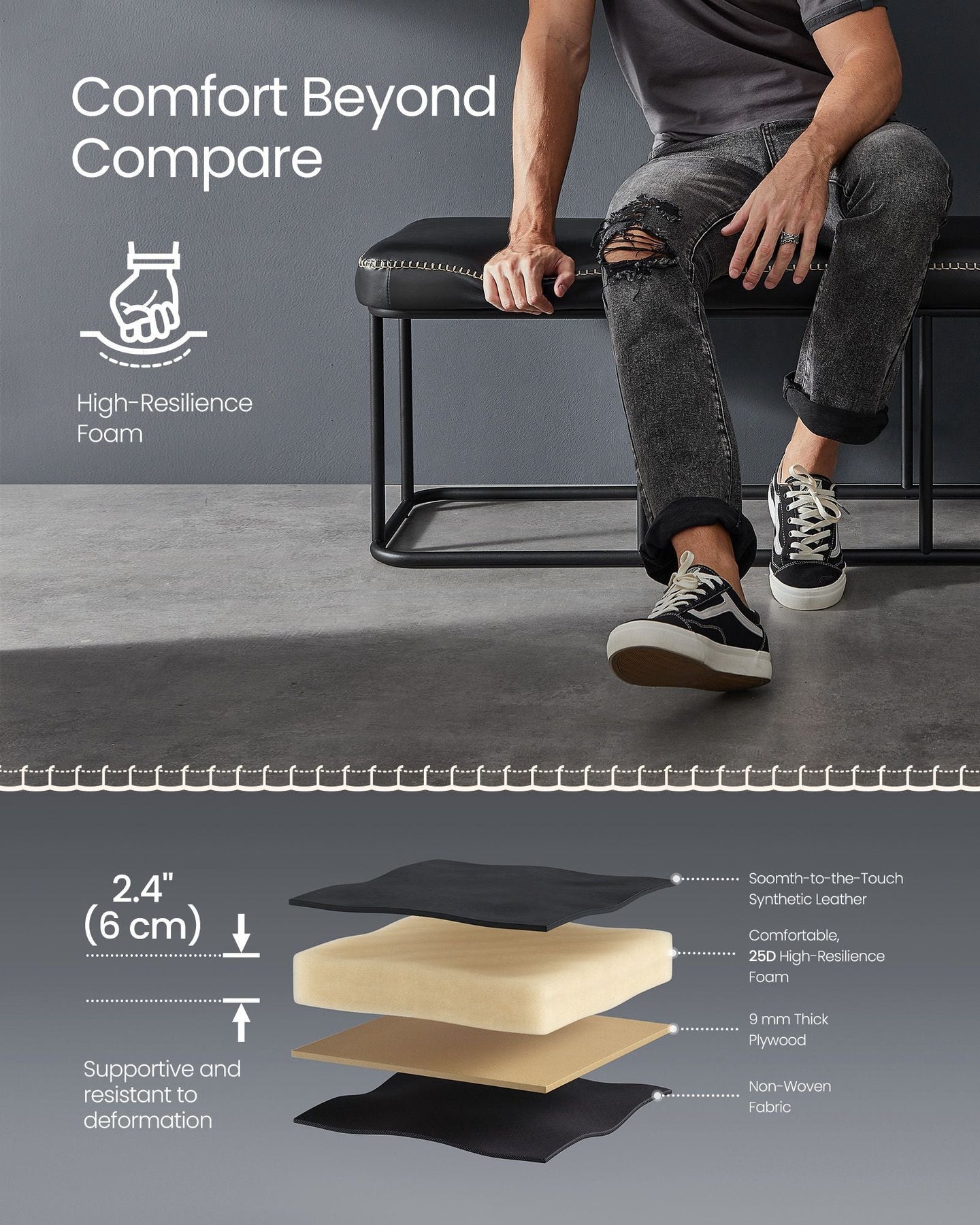 Ottoman Bench - Synthetic Leather - Ink Black - Max Load 300 kg
